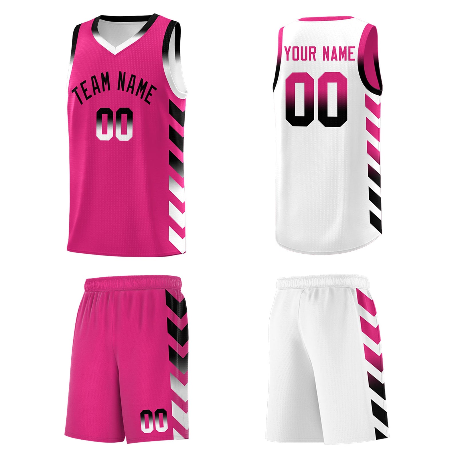 Custom White Pink Reversible Basketball Jersey Kits - Side Arrow Pink Black Gradient
