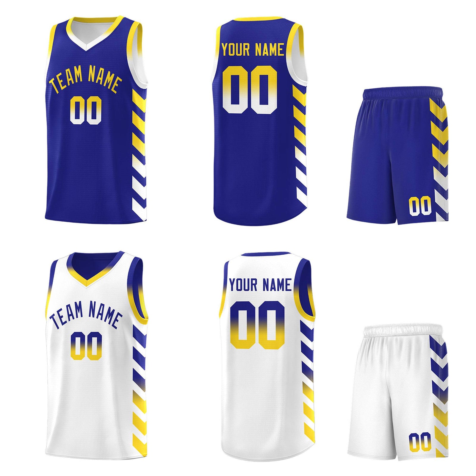 Custom White Royal Reversible Basketball Jersey Kits - Side Arrow Royal Gold Gradient
