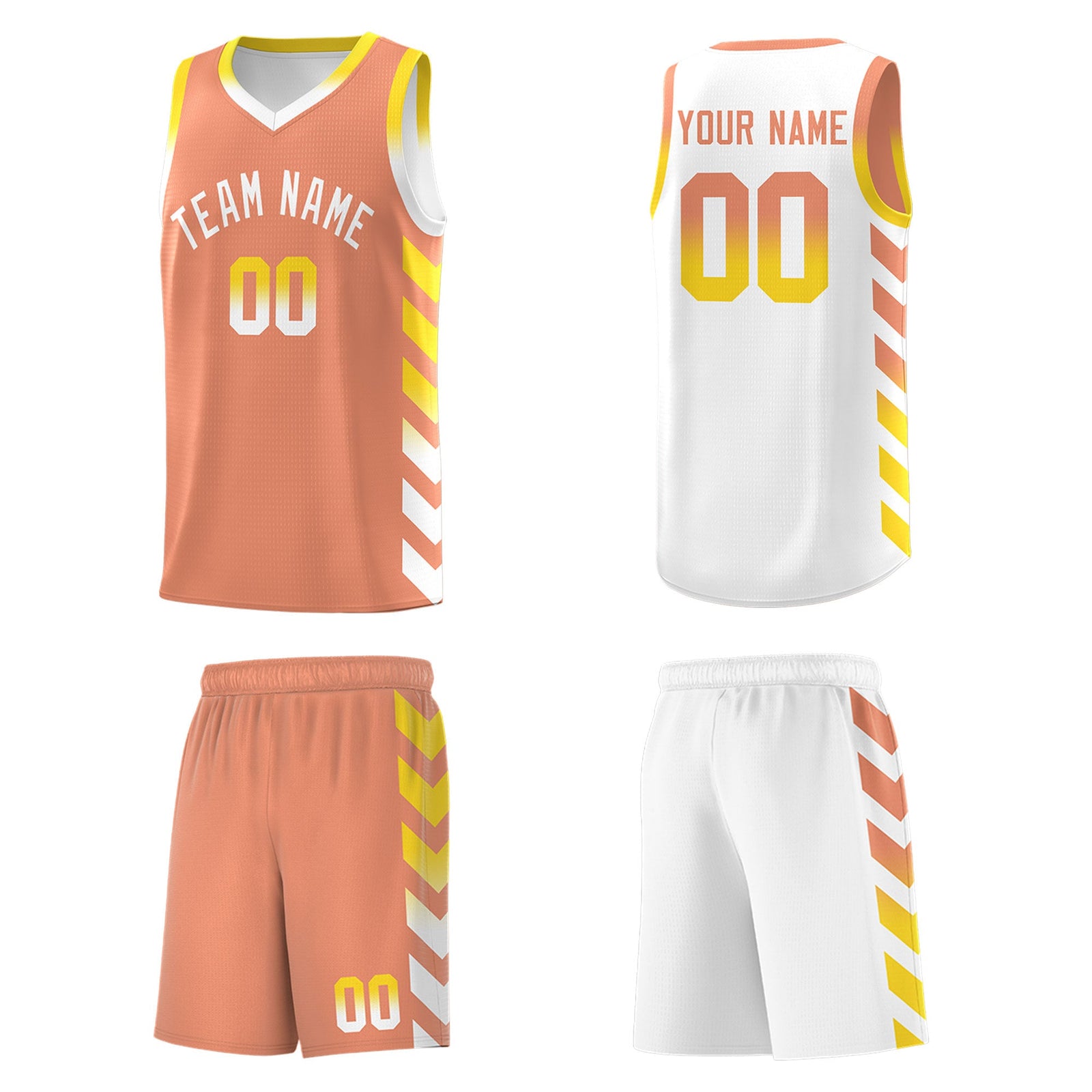 Custom White Light Orange Reversible Basketball Jersey Kits - Side Arrow Light Orange Gold Gradient