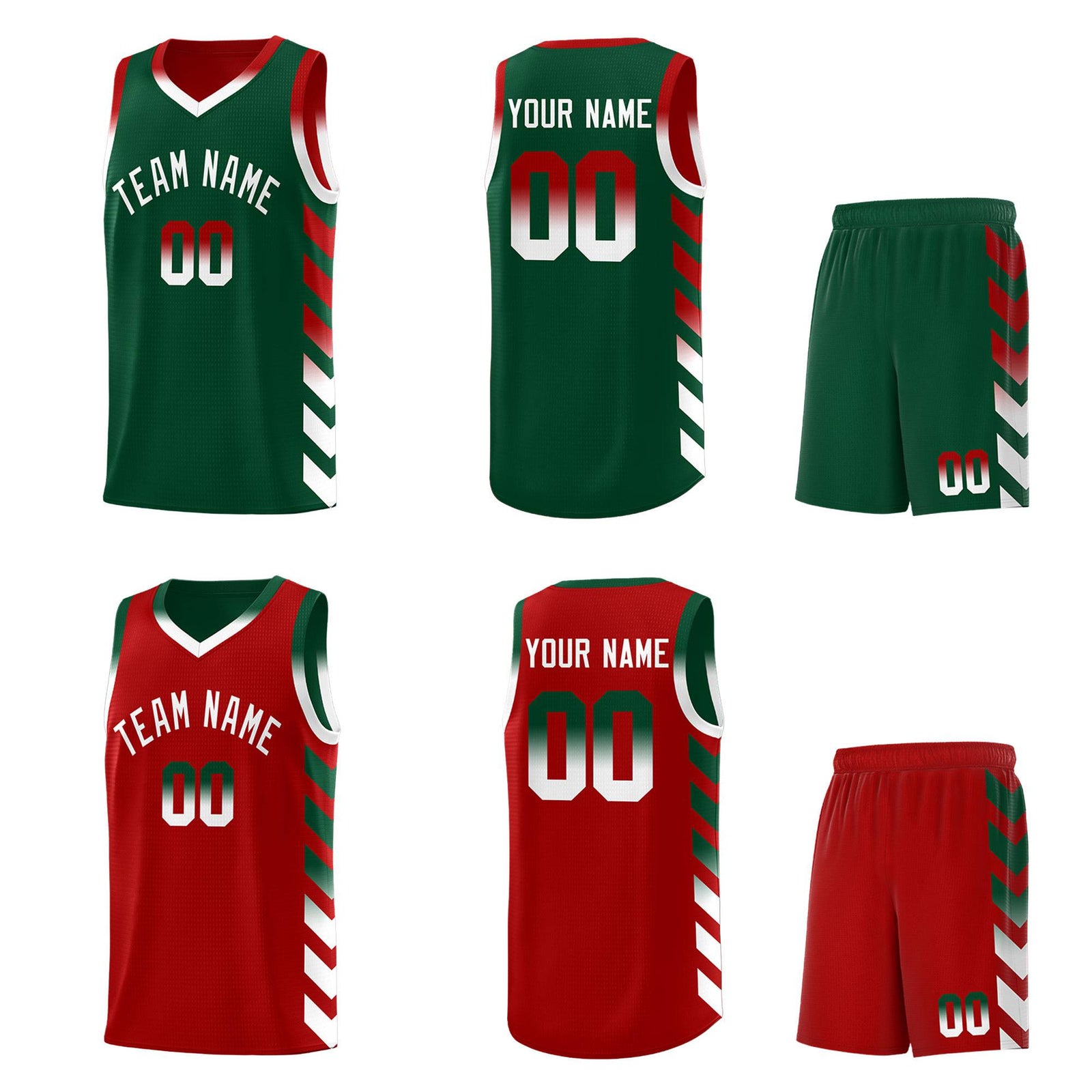 Custom Red Green Reversible Basketball Jersey Kits - Side Arrow Green White Gradient