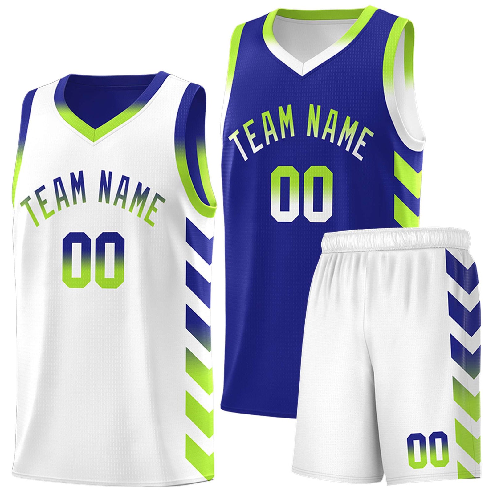 Custom White Royal Reversible Basketball Jersey Kits - Side Arrow Royal Neon Green Gradient