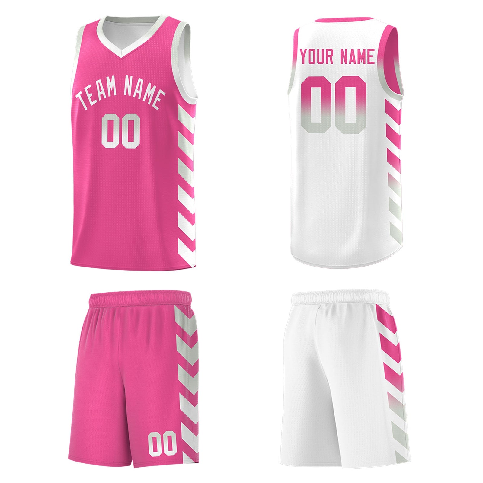 Custom White Pink Reversible Basketball Jersey Kits - Side Arrow Pink Gray Gradient