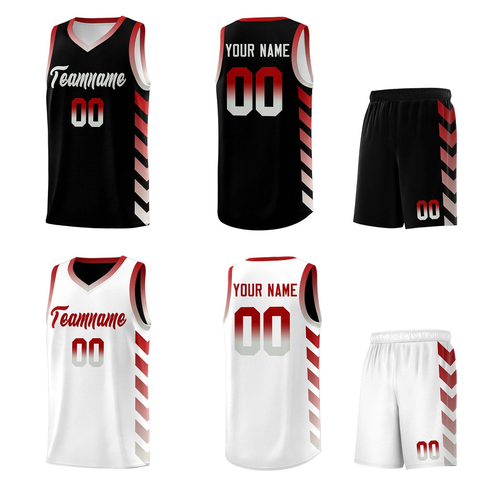 Custom White Black Reversible Basketball Jersey Kits - Side Arrow Red Gray Gradient