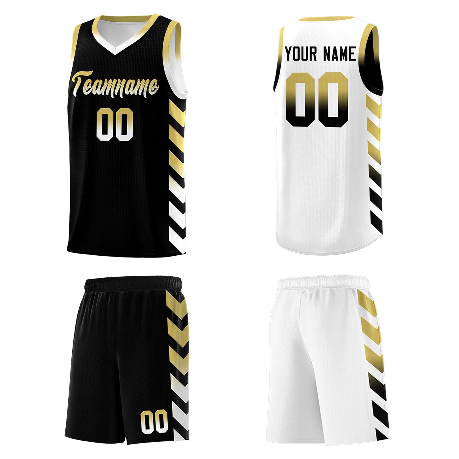 Custom White Black Reversible Basketball Jersey Kits - Side Arrow Old Gold Black Gradient