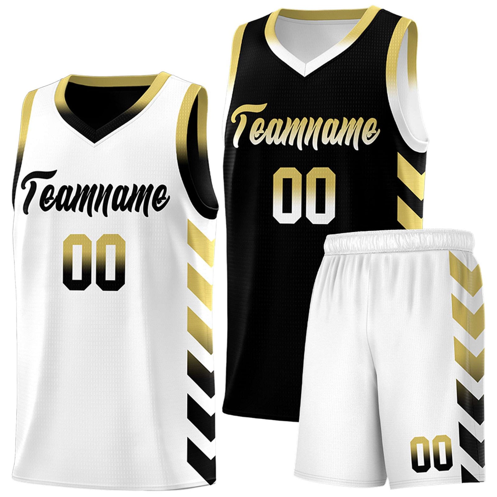 Custom White Black Reversible Basketball Jersey Kits - Side Arrow Old Gold Black Gradient