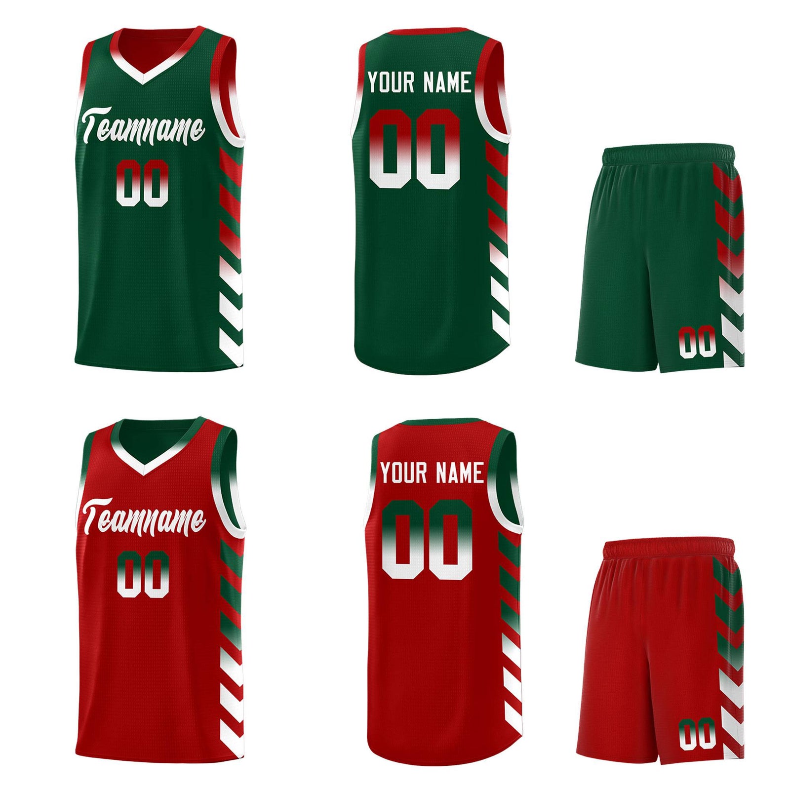 Custom Red Green Reversible Basketball Jersey Kits - Side Arrow Green White Gradient
