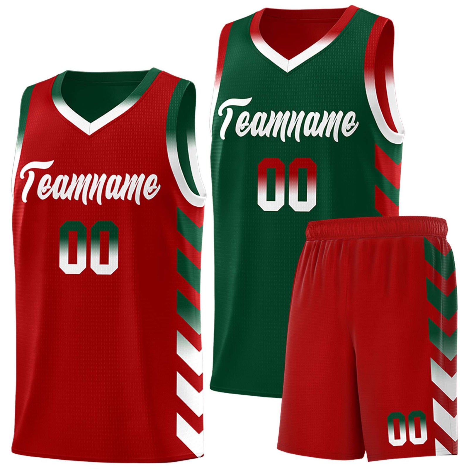 Custom Red Green Reversible Basketball Jersey Kits - Side Arrow Green White Gradient