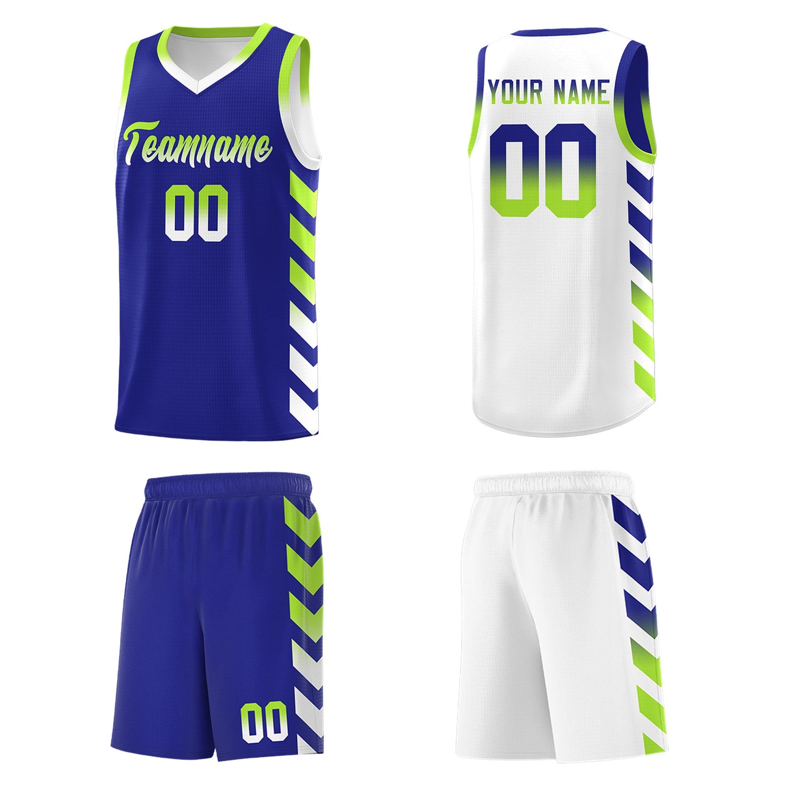 Custom White Royal Reversible Basketball Jersey Kits - Side Arrow Royal Neon Green Gradient