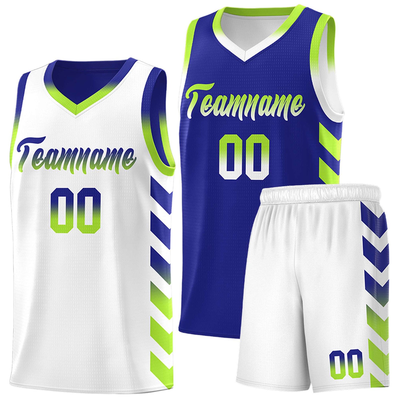 Custom White Royal Reversible Basketball Jersey Kits - Side Arrow Royal Neon Green Gradient