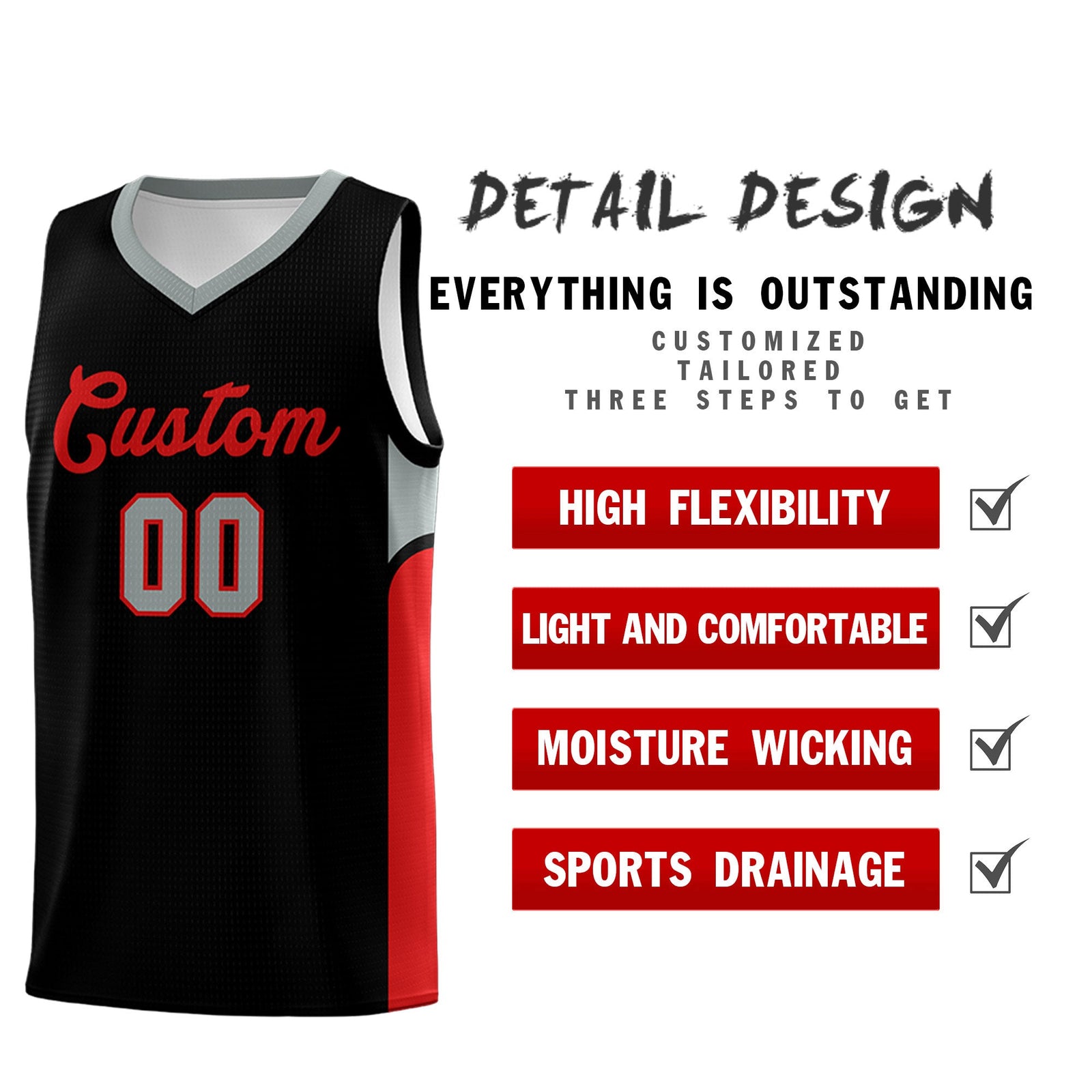 Custom Black White Side U-shaped Patttern Double Side Sports Uniform Basketball Jersey