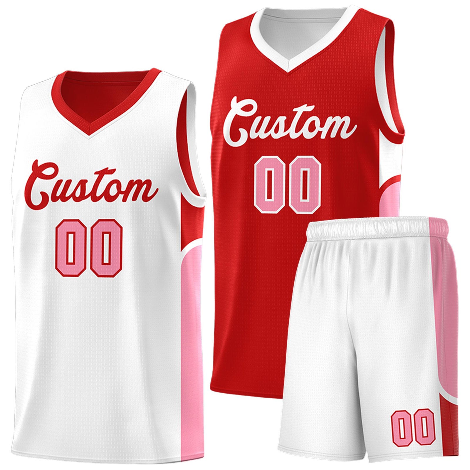 Custom Red White Side U-shaped Patttern Double Side Sports Uniform Basketball Jersey