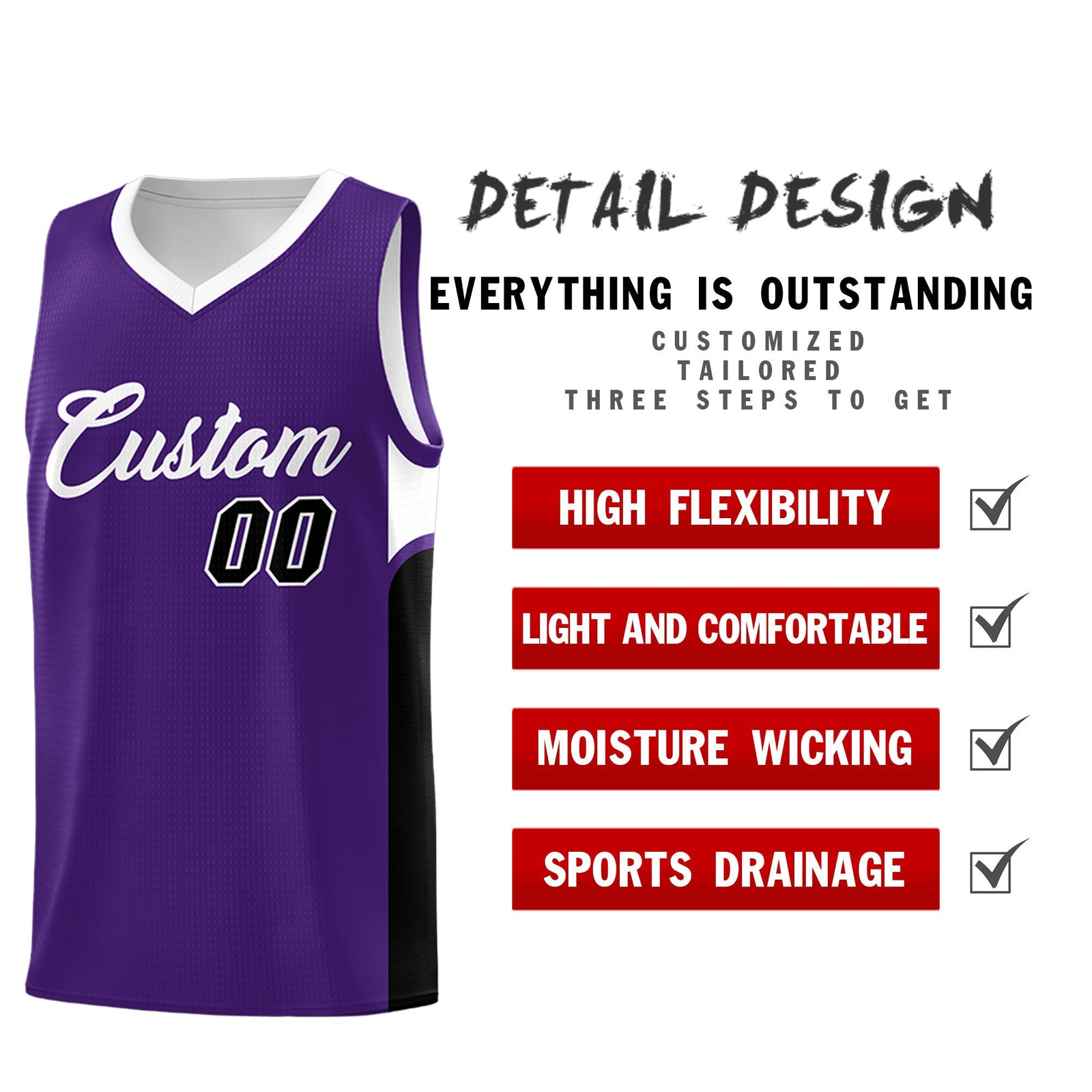 Custom Purple White Side U-shaped Patttern Double Side Sports Uniform Basketball Jersey