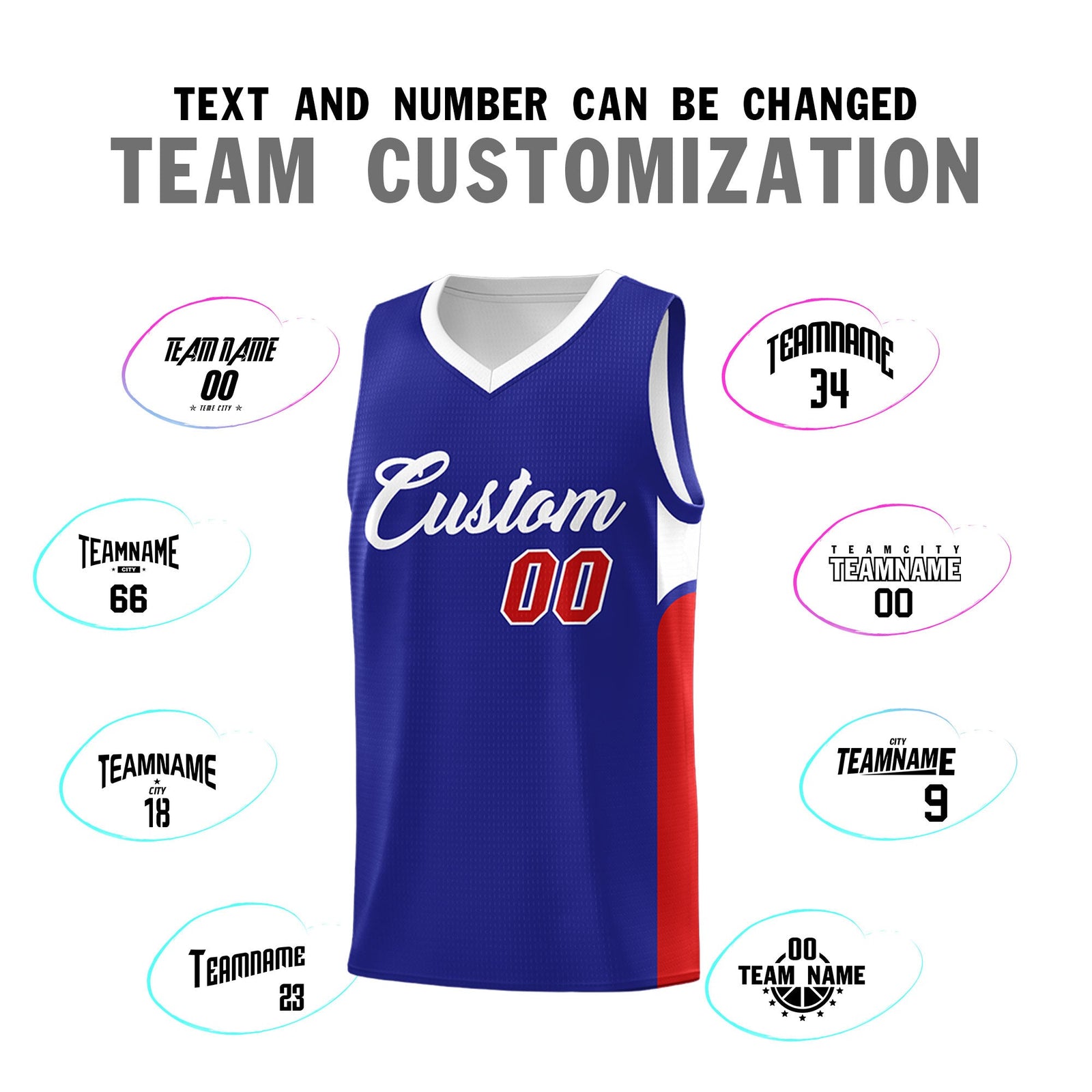 Custom Royal White Side U-shaped Patttern Double Side Sports Uniform Basketball Jersey