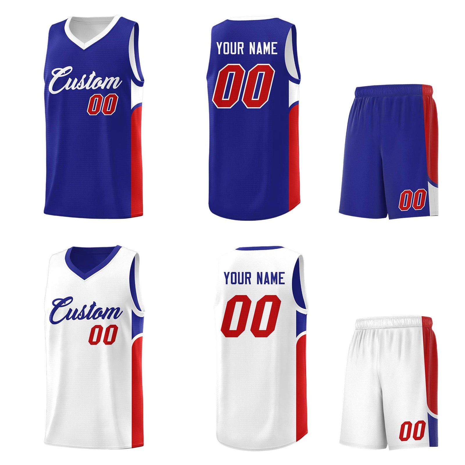 Custom Royal White Side U-shaped Patttern Double Side Sports Uniform Basketball Jersey