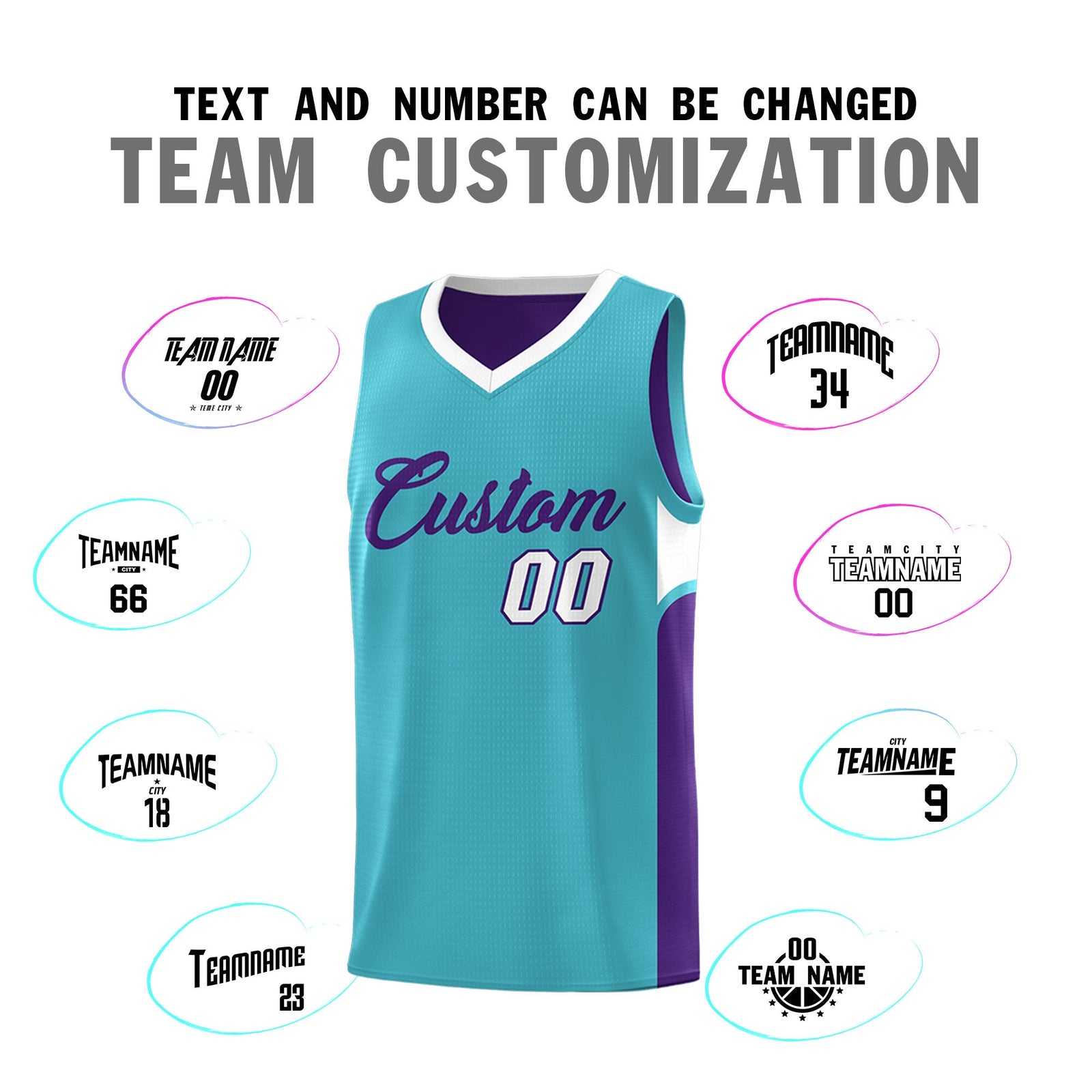 Custom Sky Blue Purple Side U-shaped Patttern Double Side Sports Uniform Basketball Jersey