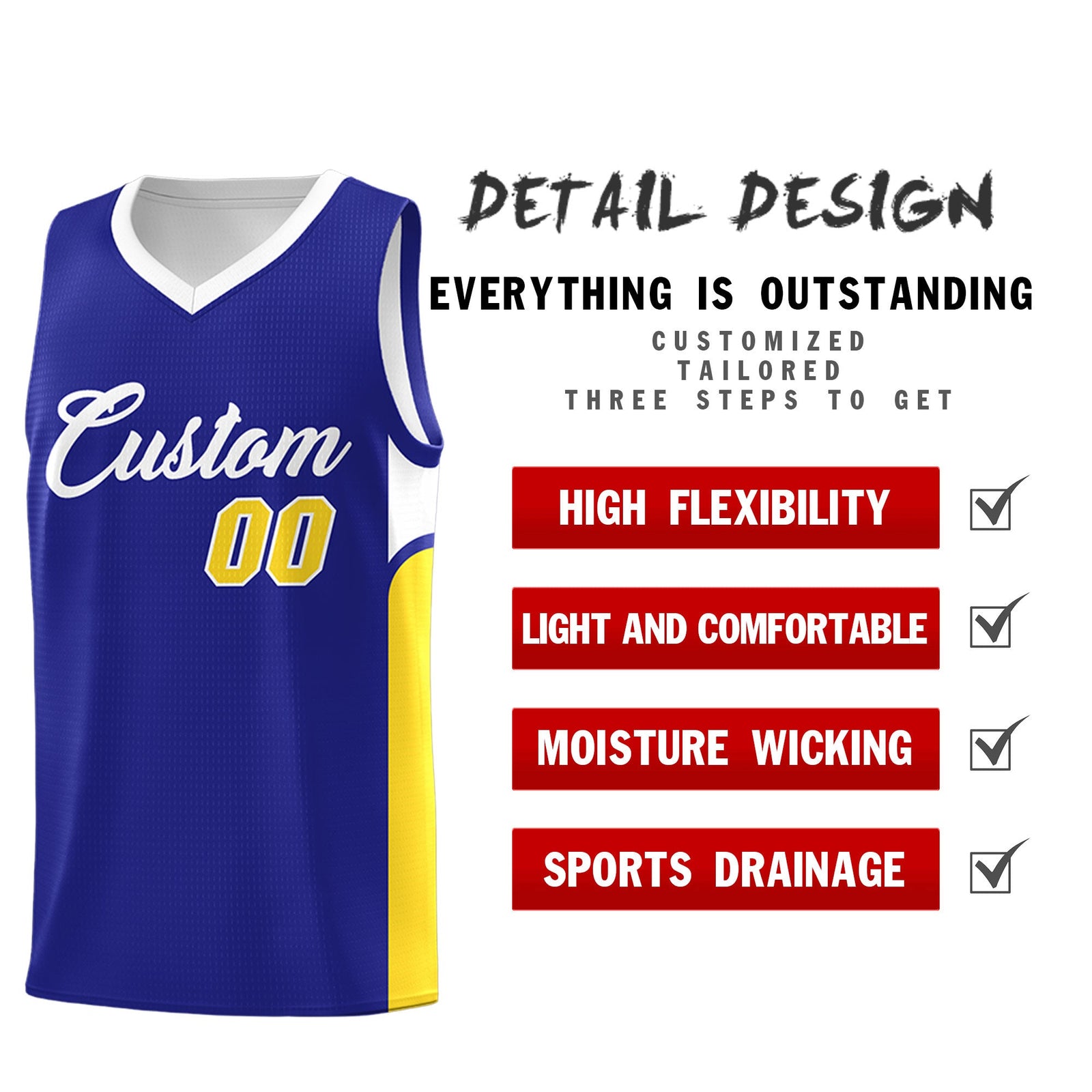 Custom Royal White Side U-shaped Patttern Double Side Sports Uniform Basketball Jersey