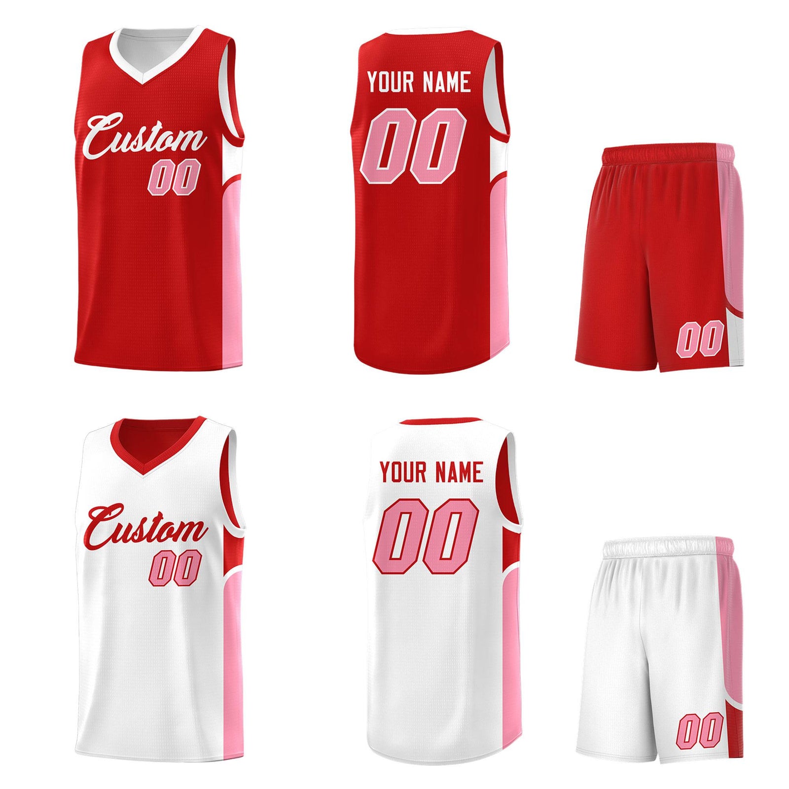 Custom Red White Side U-shaped Patttern Double Side Sports Uniform Basketball Jersey