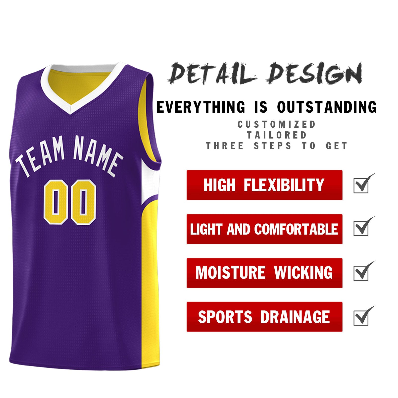 Custom Purple Gold Side U-shaped Patttern Double Side Sports Uniform Basketball Jersey