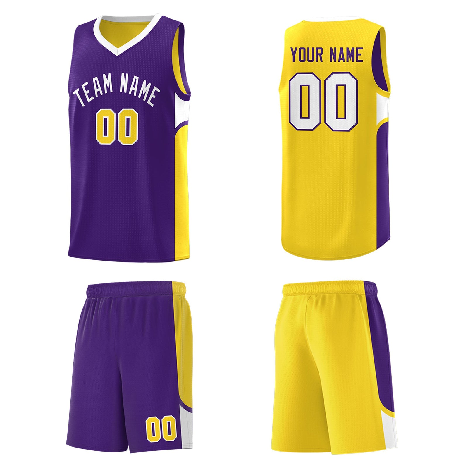 Custom Purple Gold Side U-shaped Patttern Double Side Sports Uniform Basketball Jersey