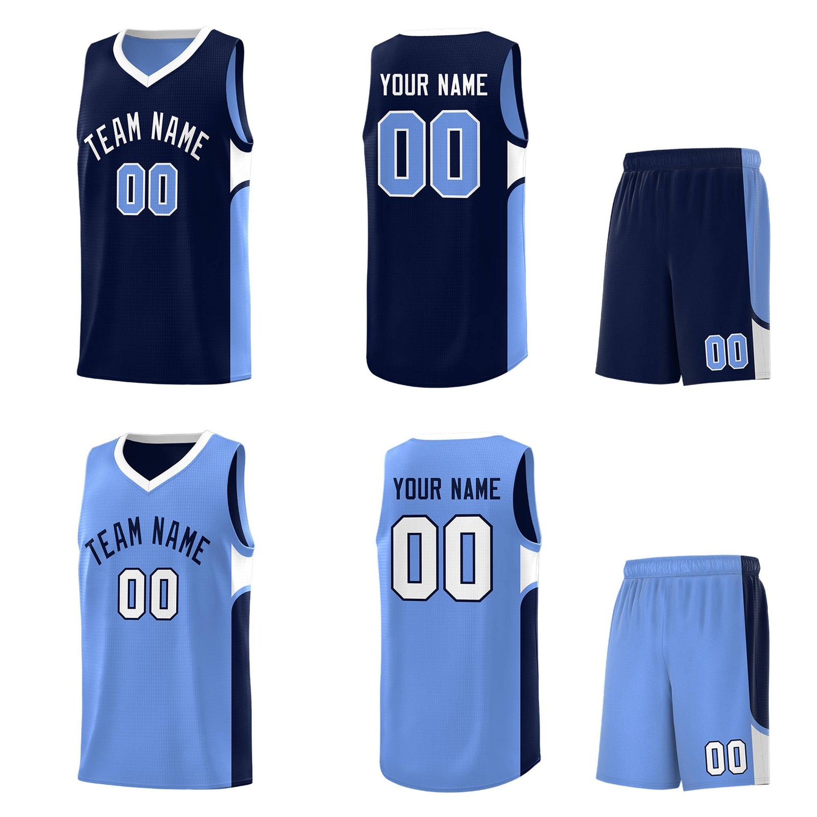 Custom Navy Light Blue Side U-shaped Patttern Double Side Sports Uniform Basketball Jersey