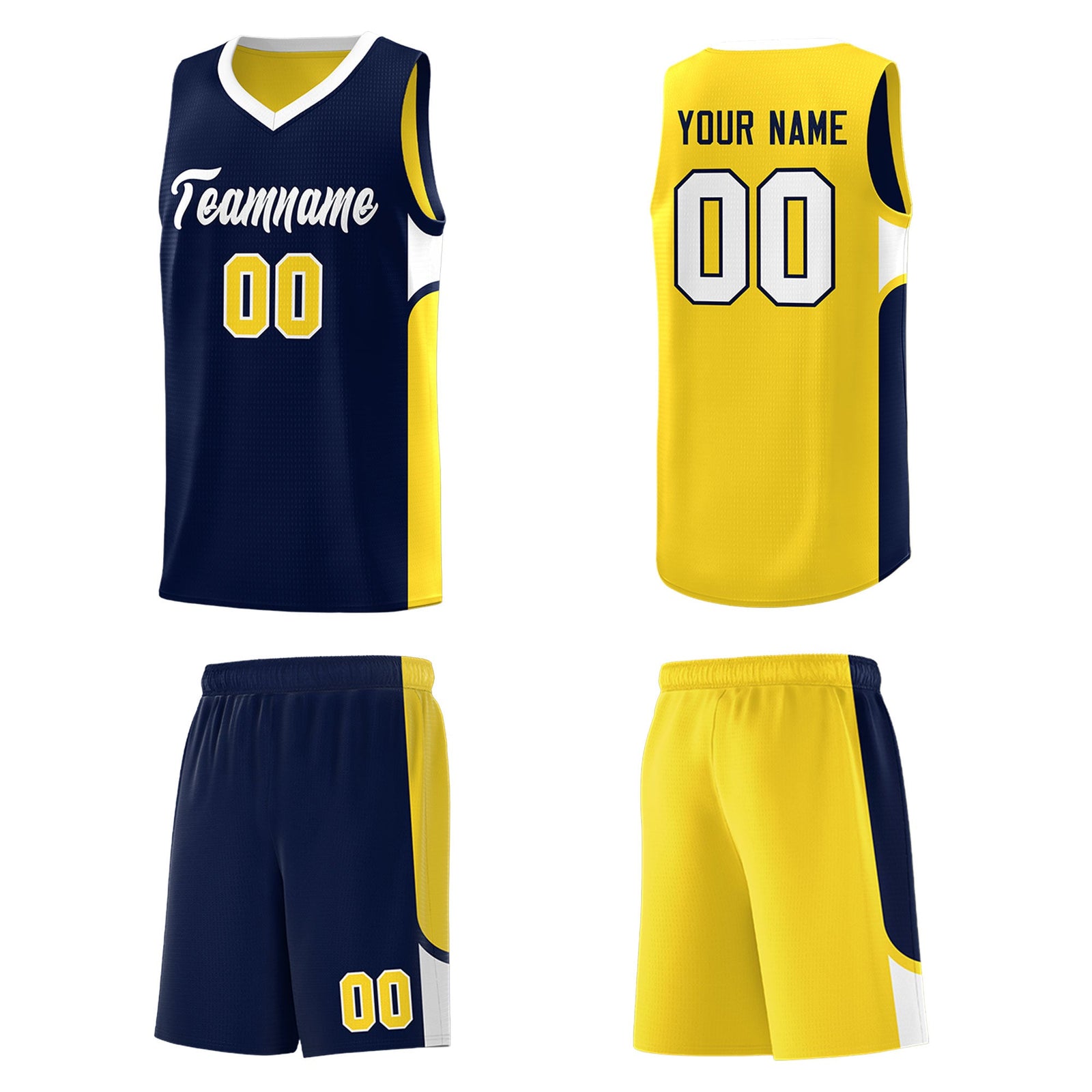 Custom Navy Gold Side U-shaped Patttern Double Side Sports Uniform Basketball Jersey