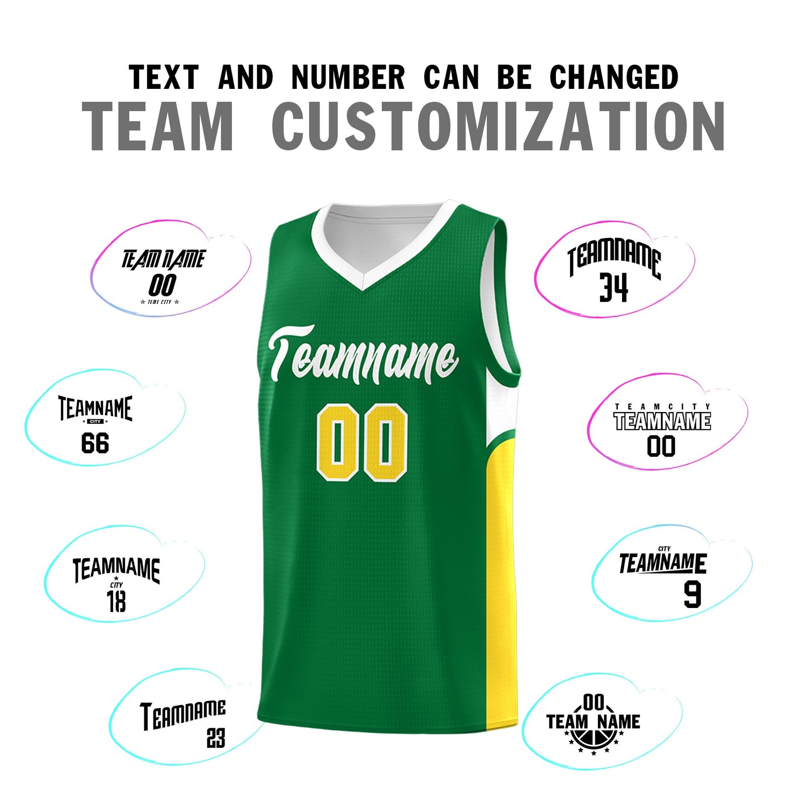 Custom Kelly Green White Side U-shaped Patttern Double Side Sports Uniform Basketball Jersey