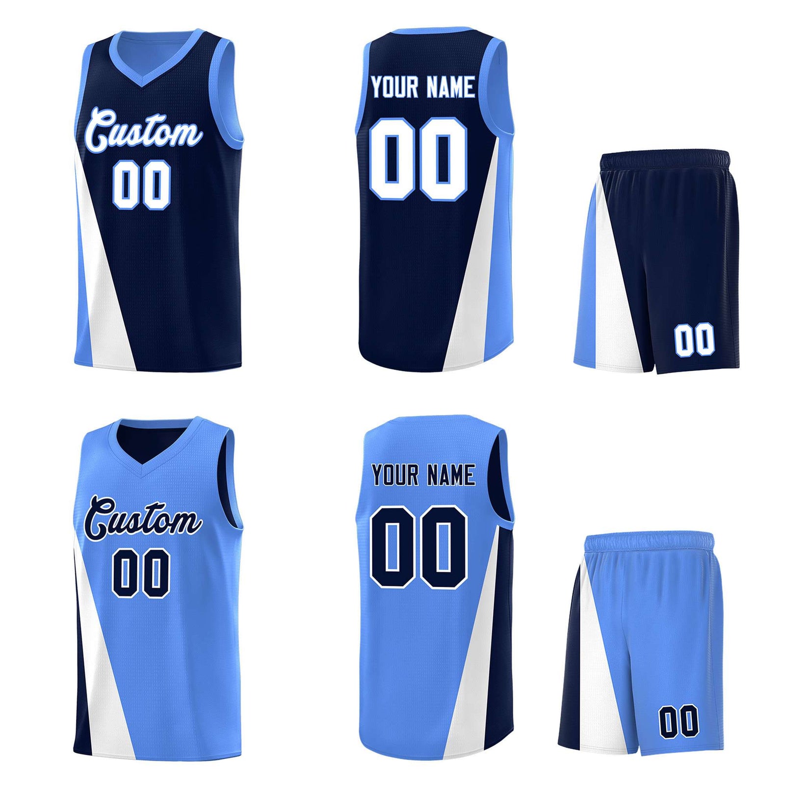 Custom Navy Powder Blue Slanting Two Lines Color Block Sports Uniform Basketball Jersey