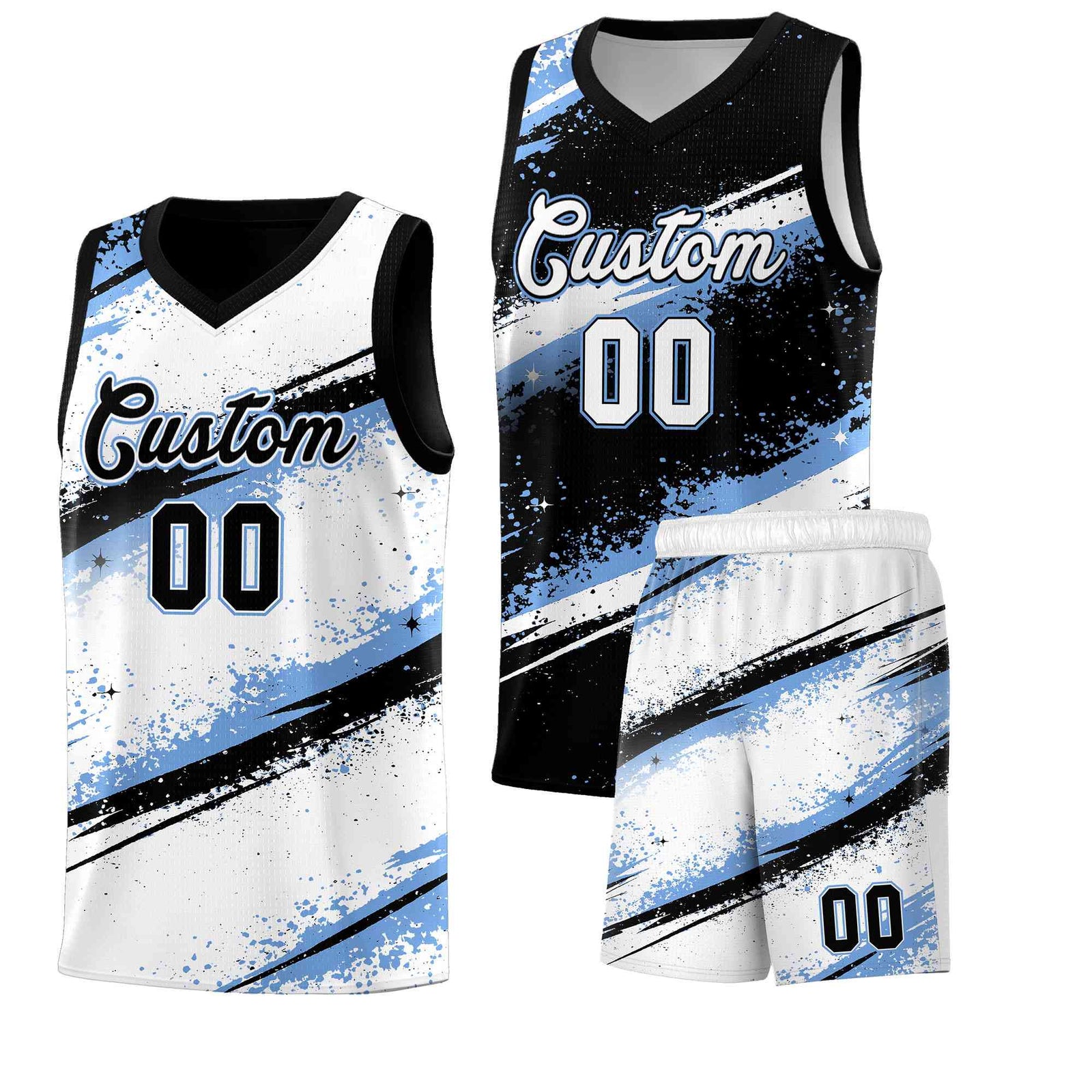 Custom Black Light Blue White Basketball Jersey Stellar Strike Series Splash Quick-Drying