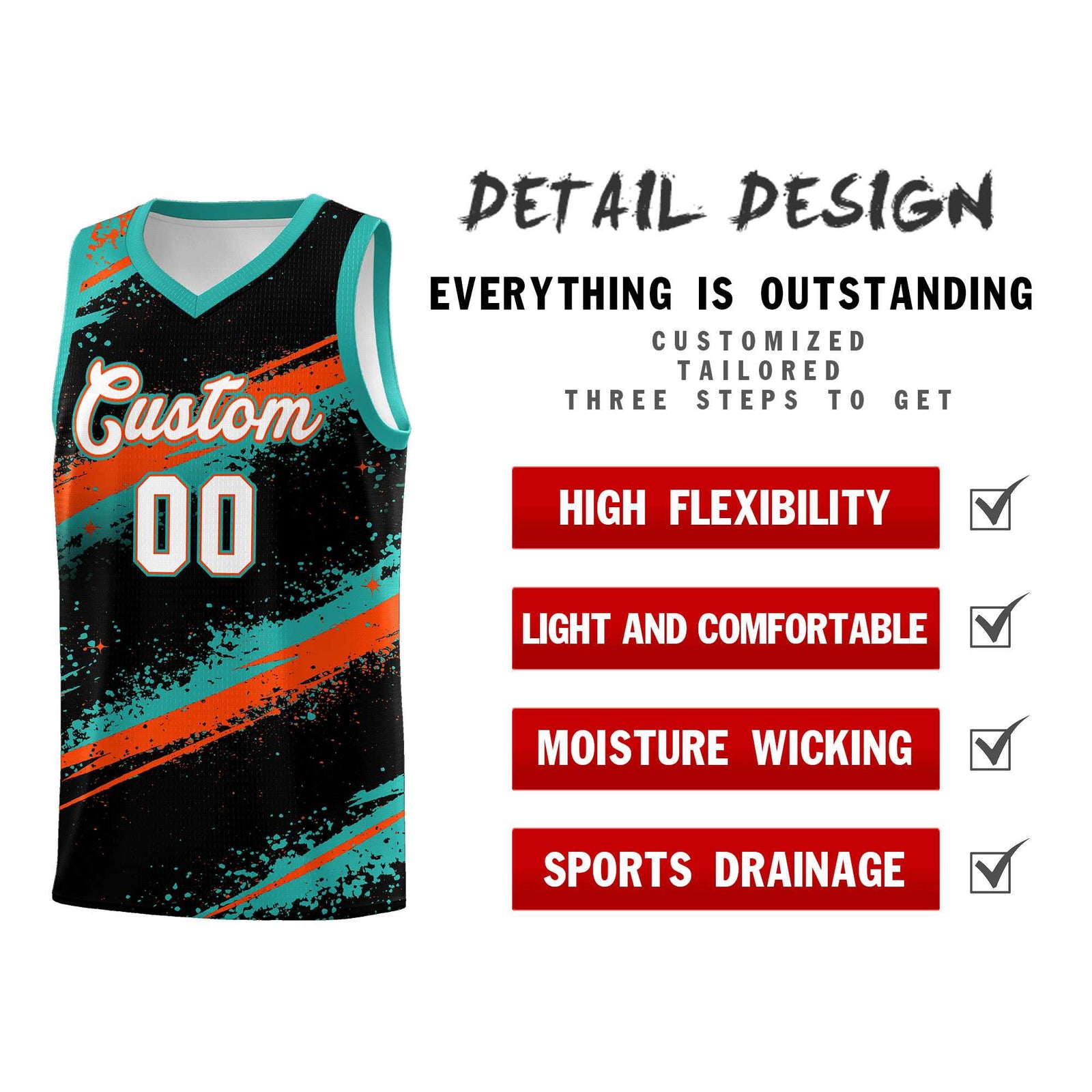 Custom Black Aqua Orange Basketball Jersey Stellar Strike Series Velocity Drapable