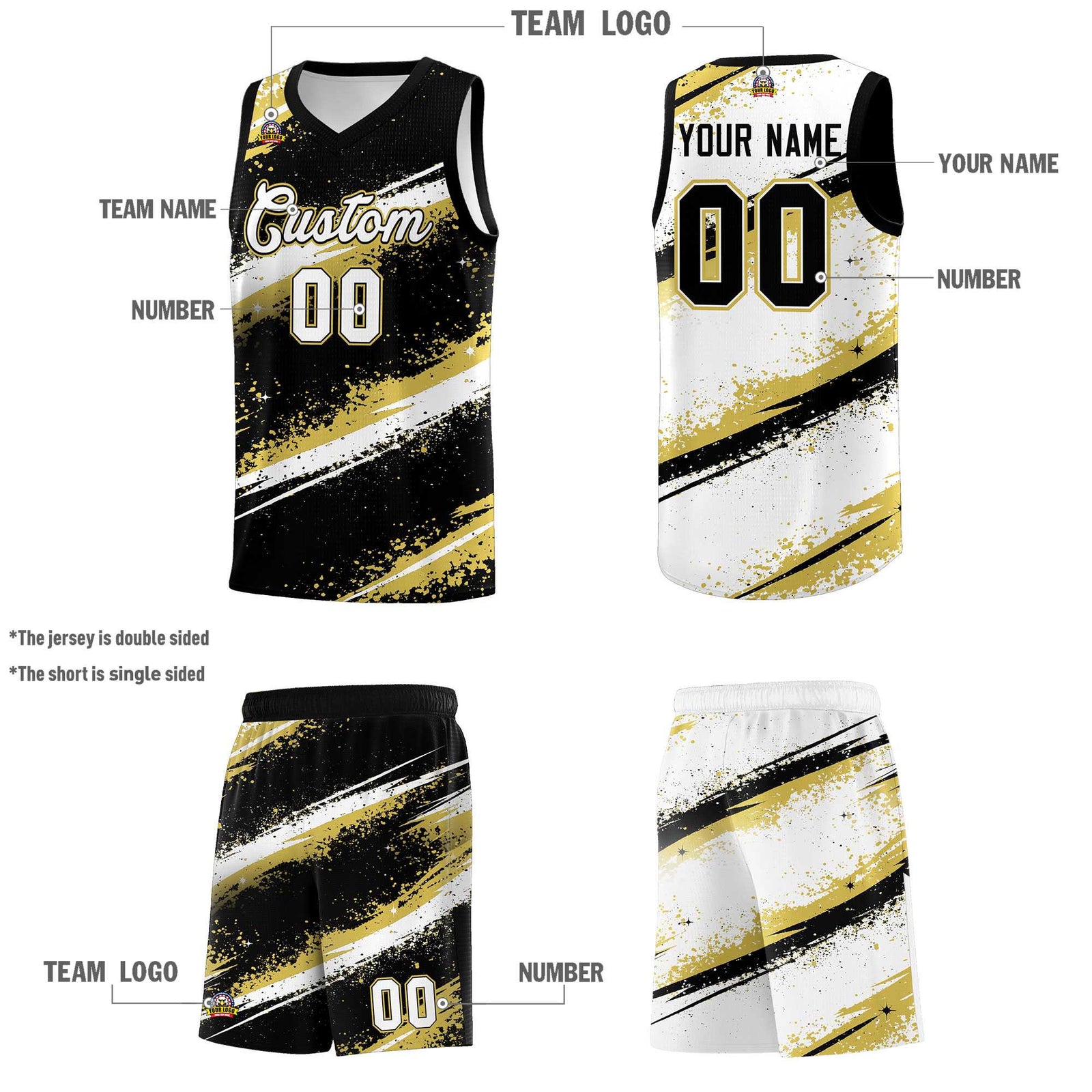Custom Black Old Gold White Basketball Jersey Stellar Strike Series Reversible Wrinkle-Resistant