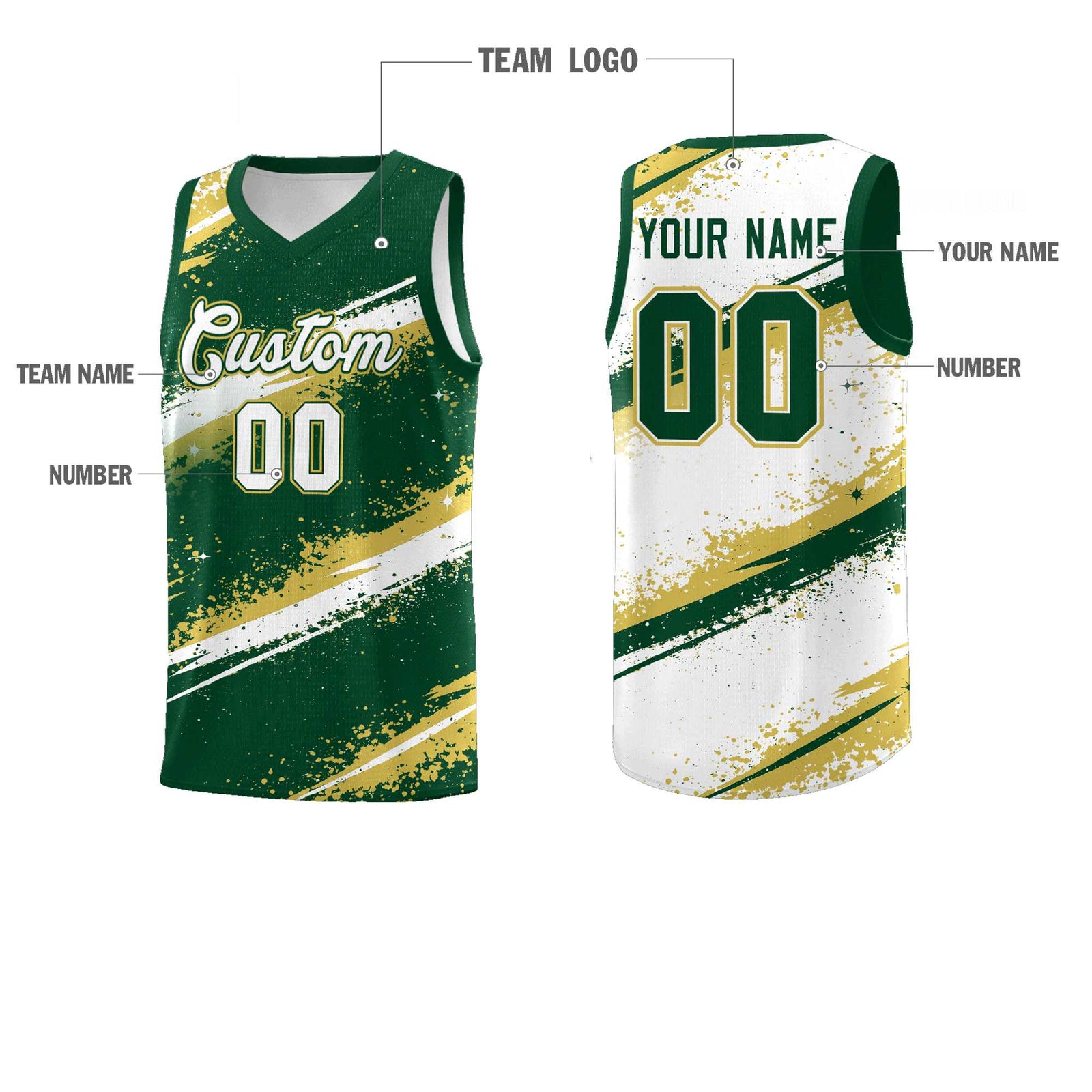 Custom Dark Green Old Gold White Basketball Jersey Stellar Strike Series Splash Drapable