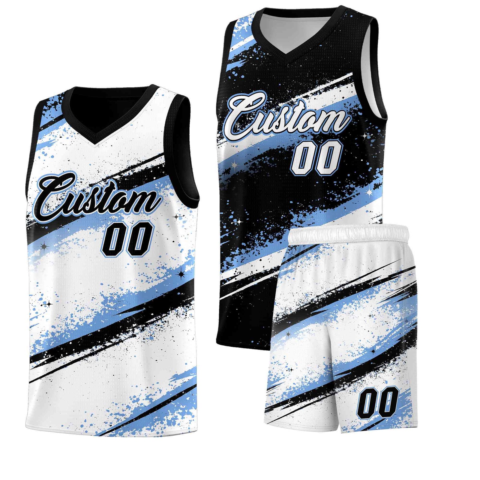 Custom Black Light Blue White Basketball Jersey Stellar Strike Series Splash Quick-Drying