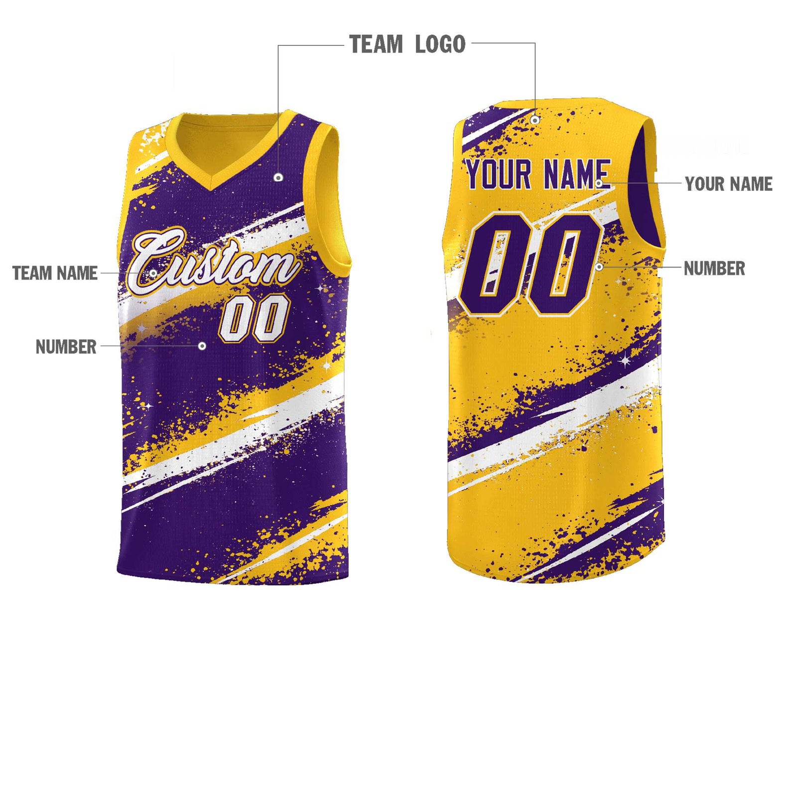 Custom Purple Yellow White Basketball Jersey Stellar Strike Series Cosmic Sublimation Printing