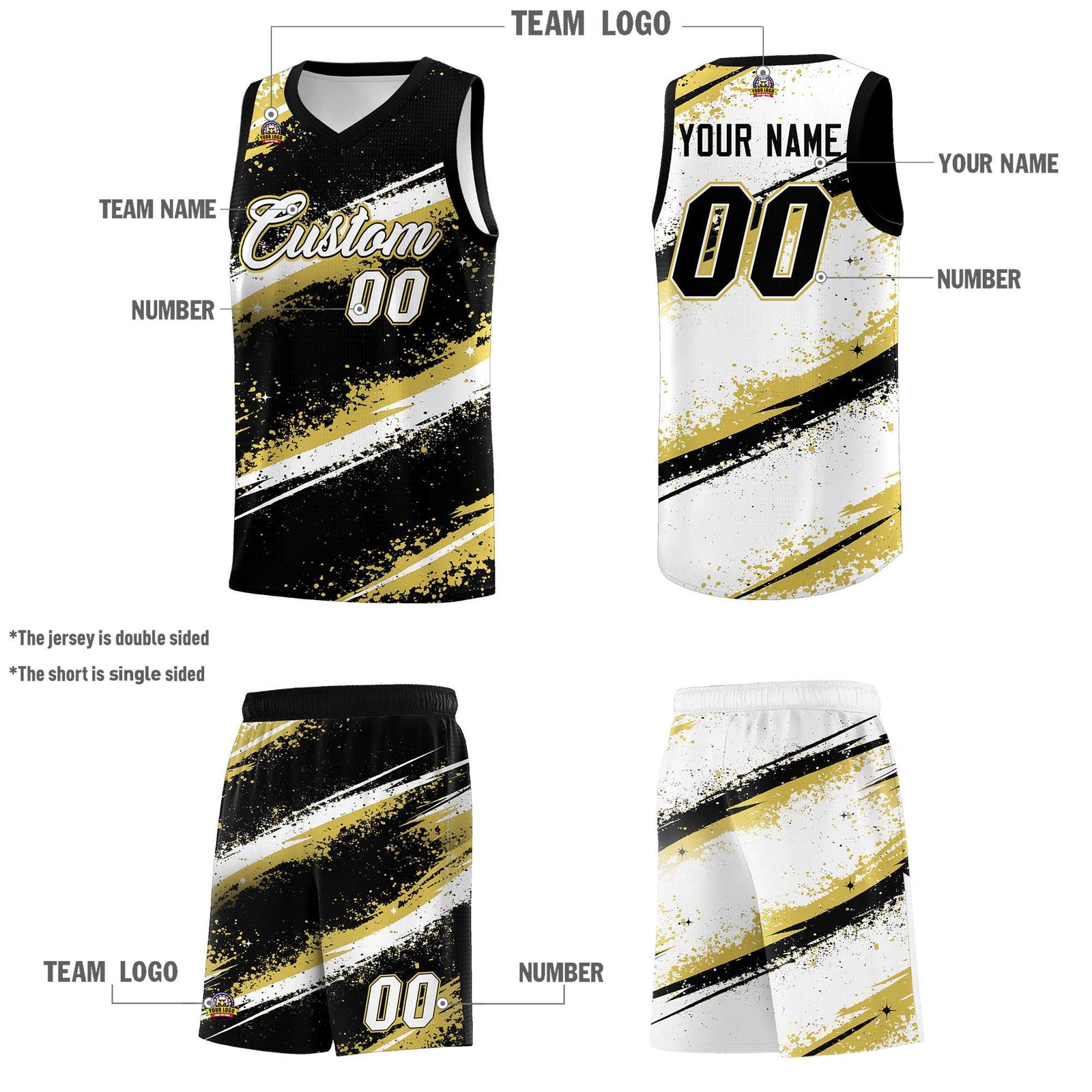 Custom Black Old Gold White Basketball Jersey Stellar Strike Series Reversible Wrinkle-Resistant