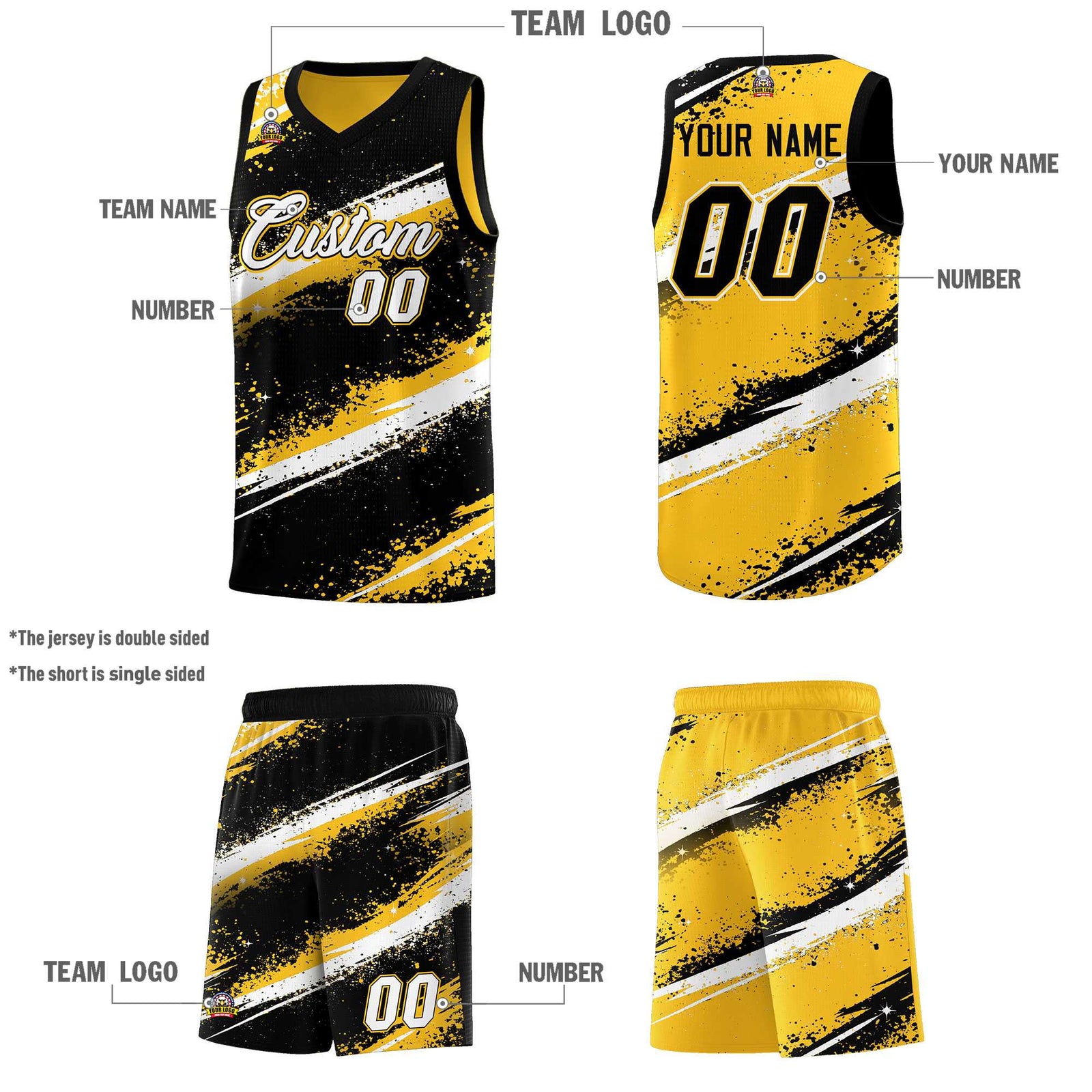 Custom Black Yellow White Basketball Jersey Stellar Strike Series Splash Wrinkle-Resistant