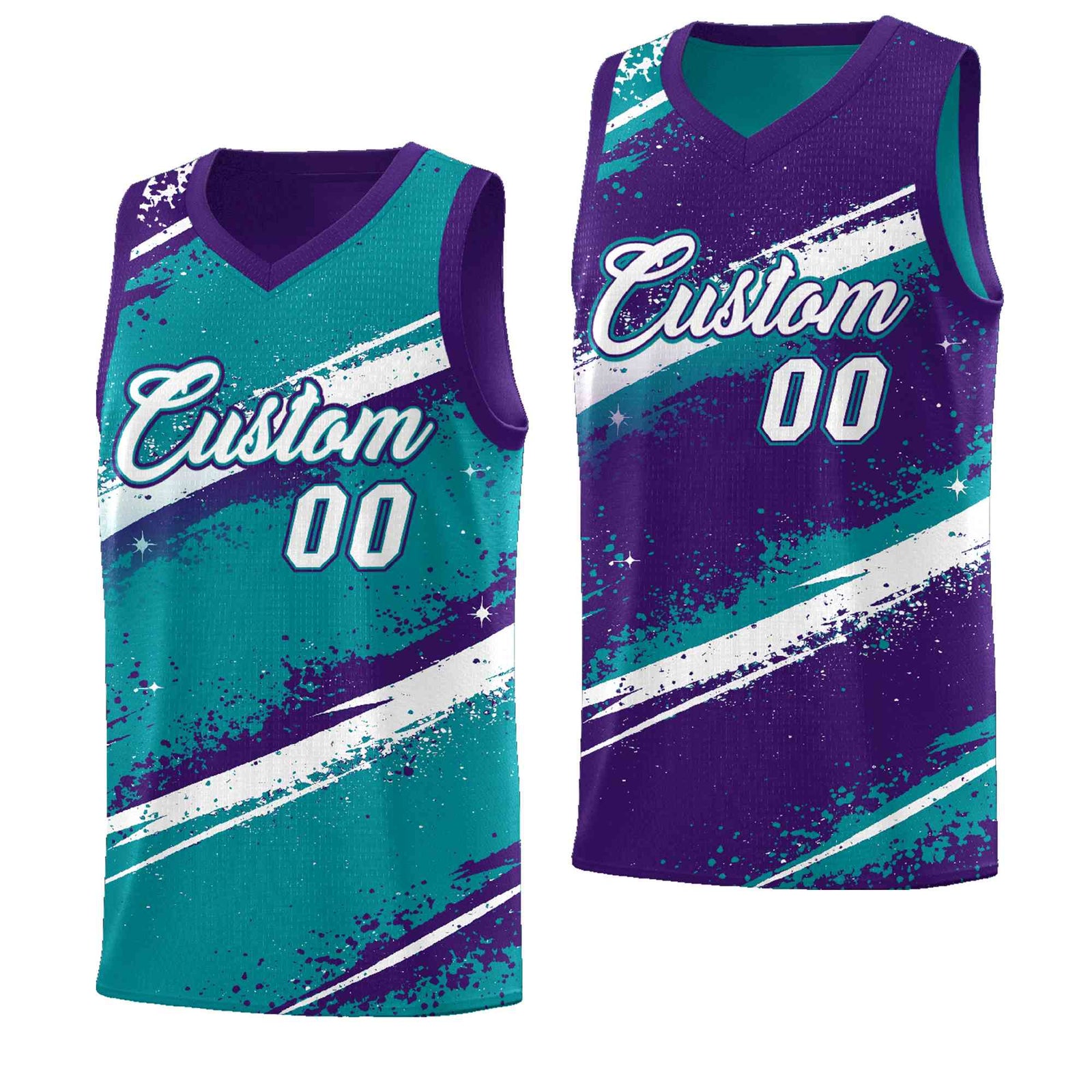 Custom Teal Purple White Basketball Jersey Stellar Strike Series Reversible Drapable