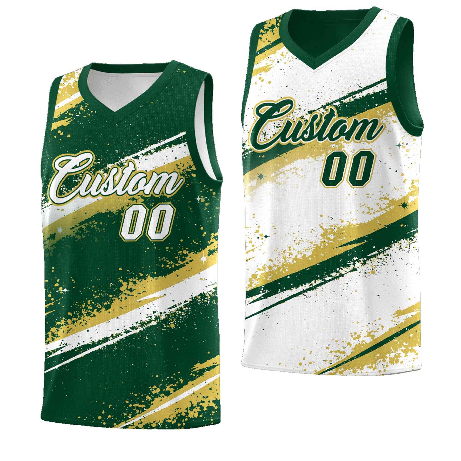Custom Dark Green Old Gold White Basketball Jersey Stellar Strike Series Splash Drapable