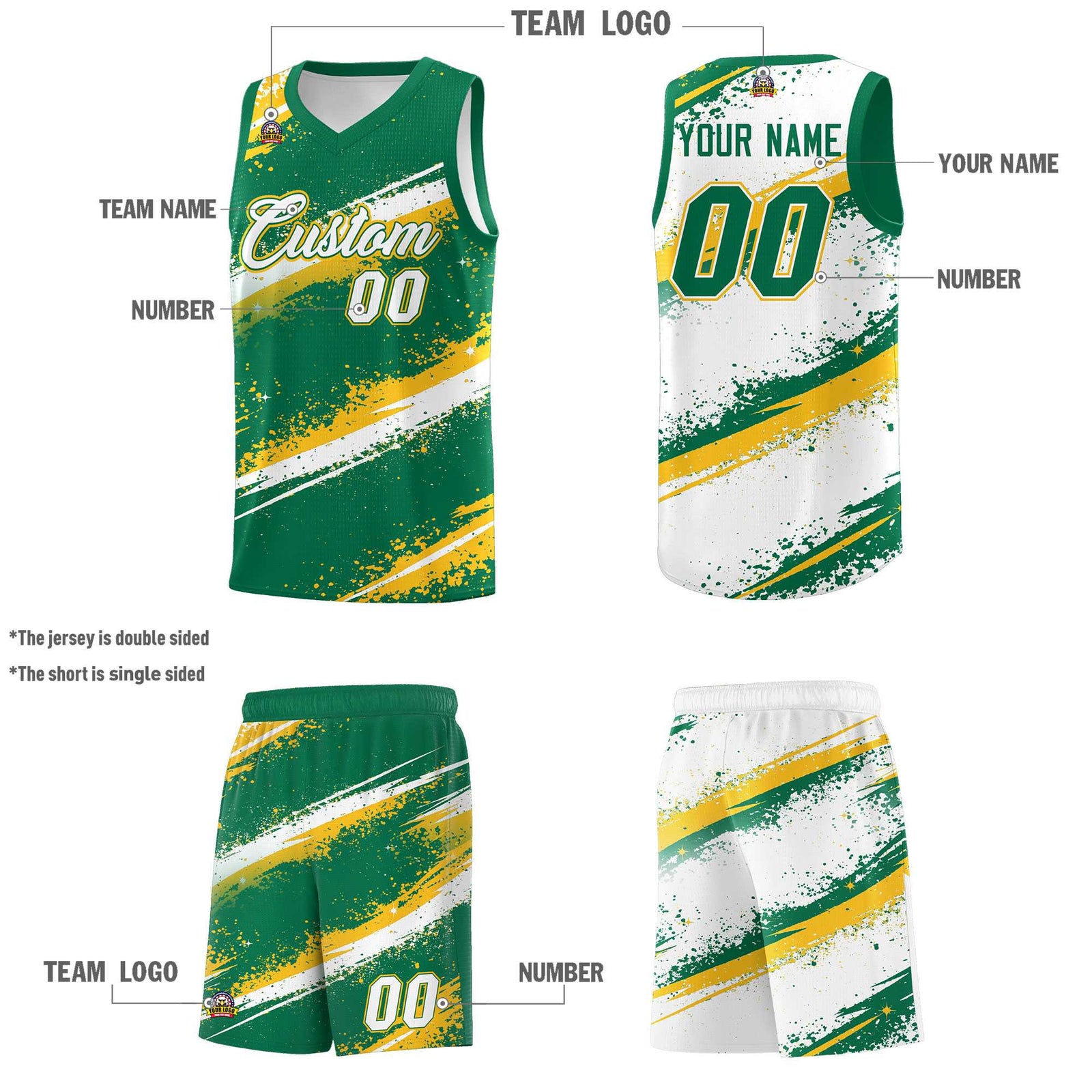 Custom Kelly Green Yellow White Basketball Jersey Stellar Strike Series Reversible Sublimation Printing