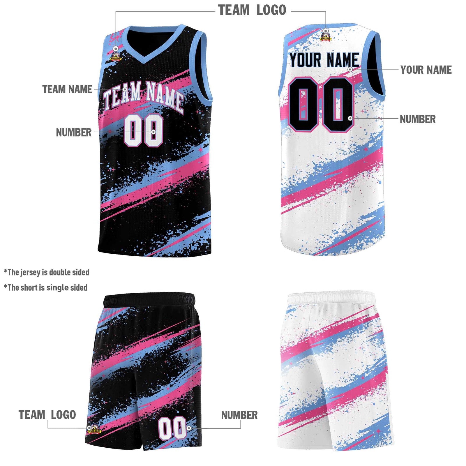 Custom Black Pink Light Blue Basketball Jersey Stellar Strike Series Reversible Lightweight