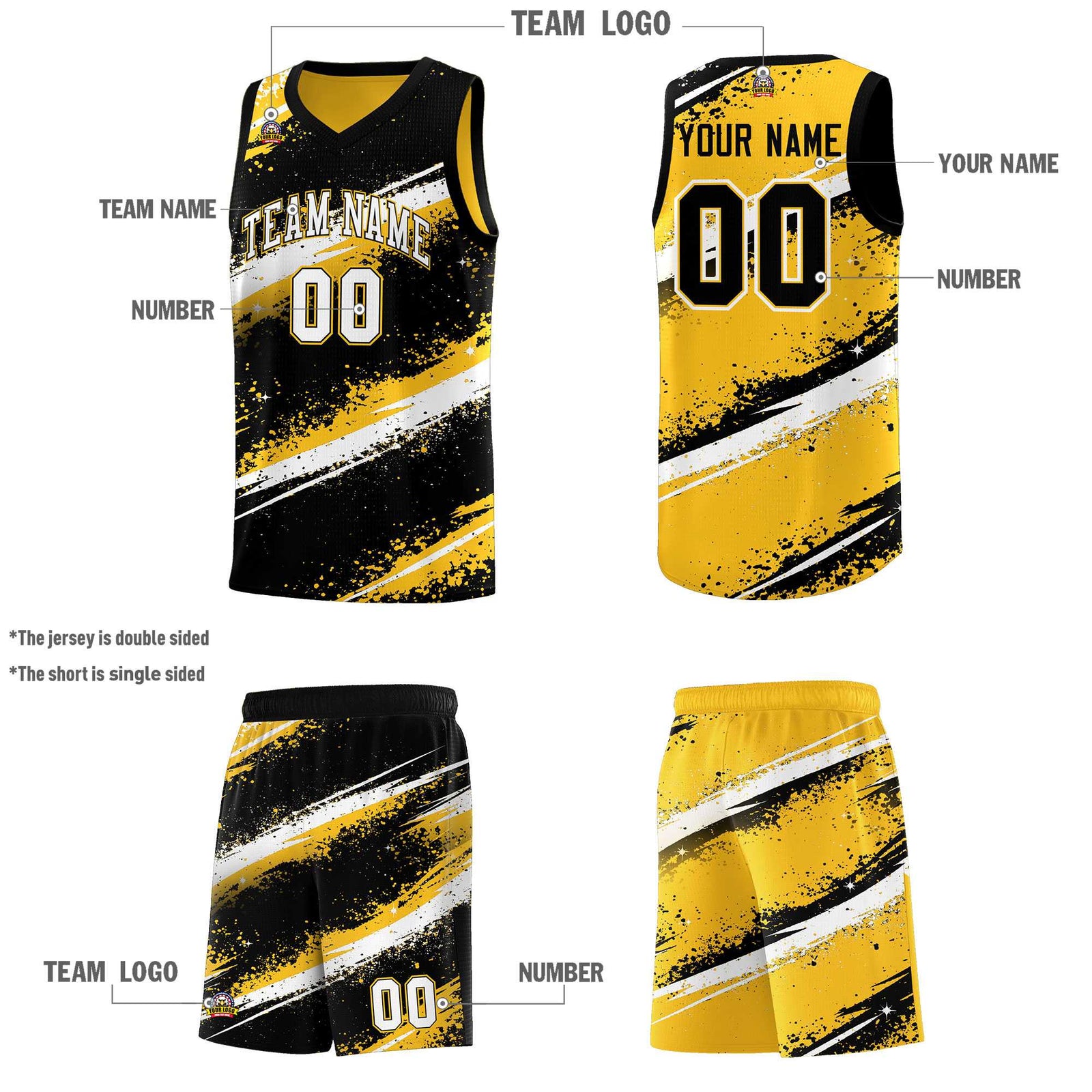 Custom Black Yellow White Basketball Jersey Stellar Strike Series Splash Wrinkle-Resistant