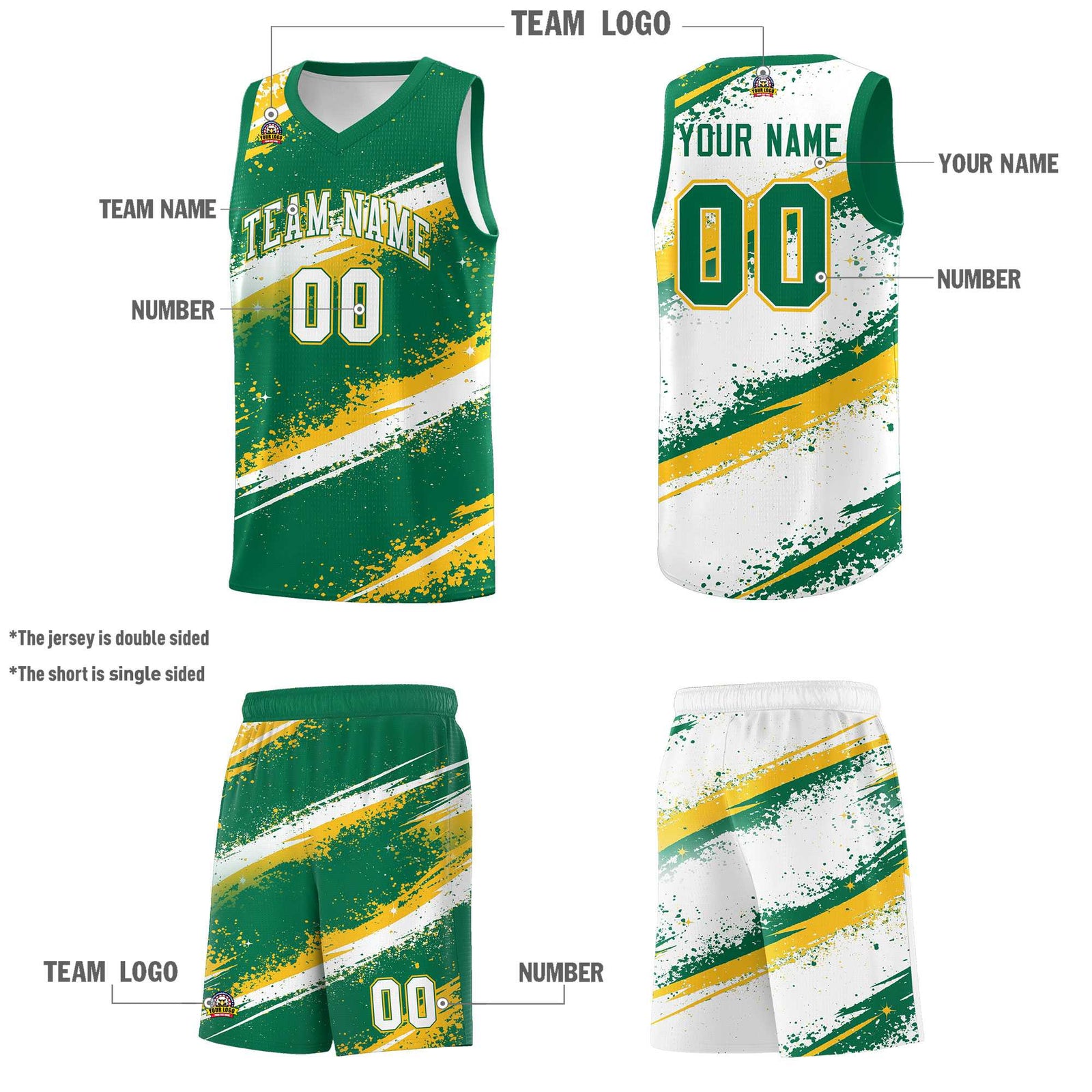 Custom Kelly Green Yellow White Basketball Jersey Stellar Strike Series Reversible Sublimation Printing