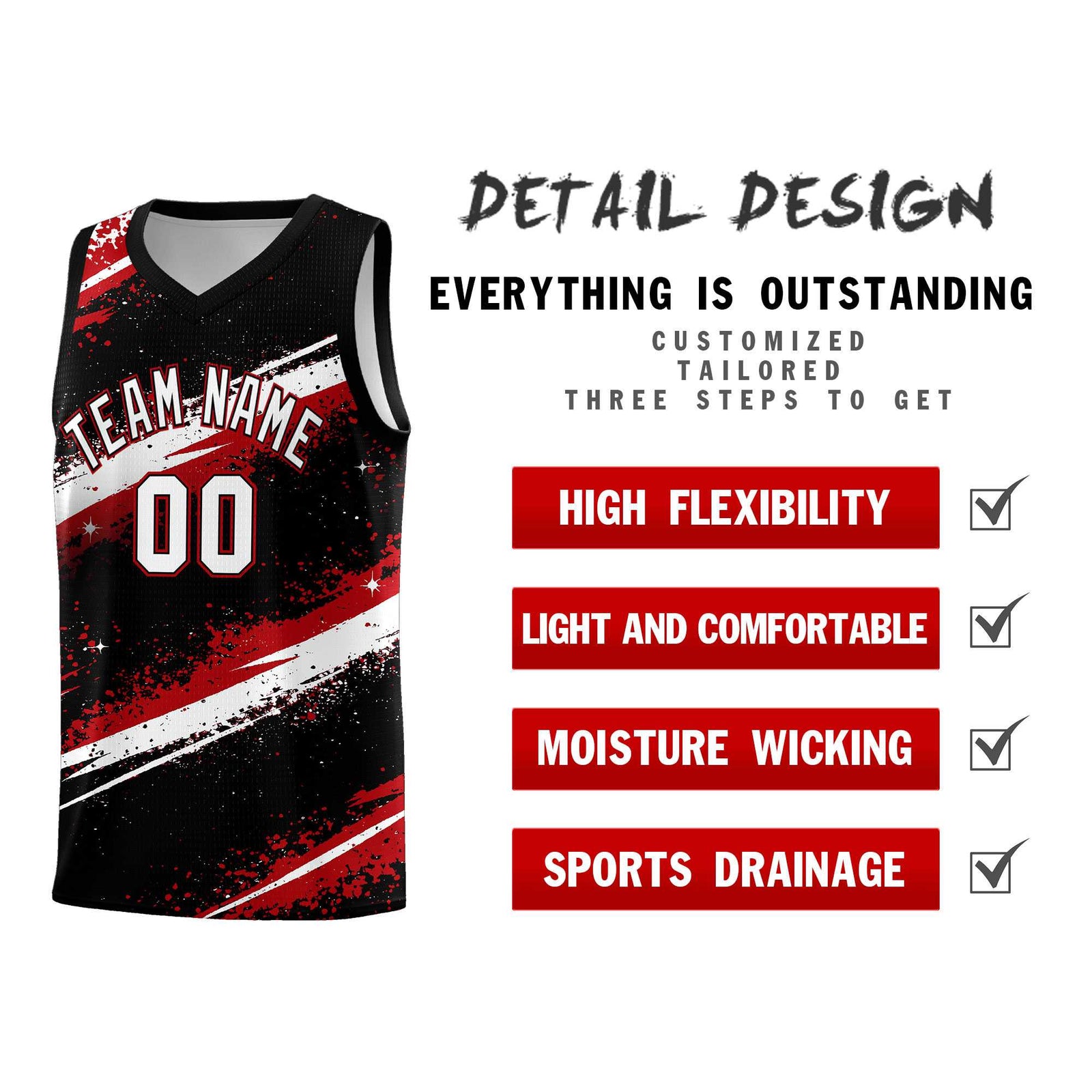 Custom Black Red White Basketball Jersey Stellar Strike Series Stellar Breathable