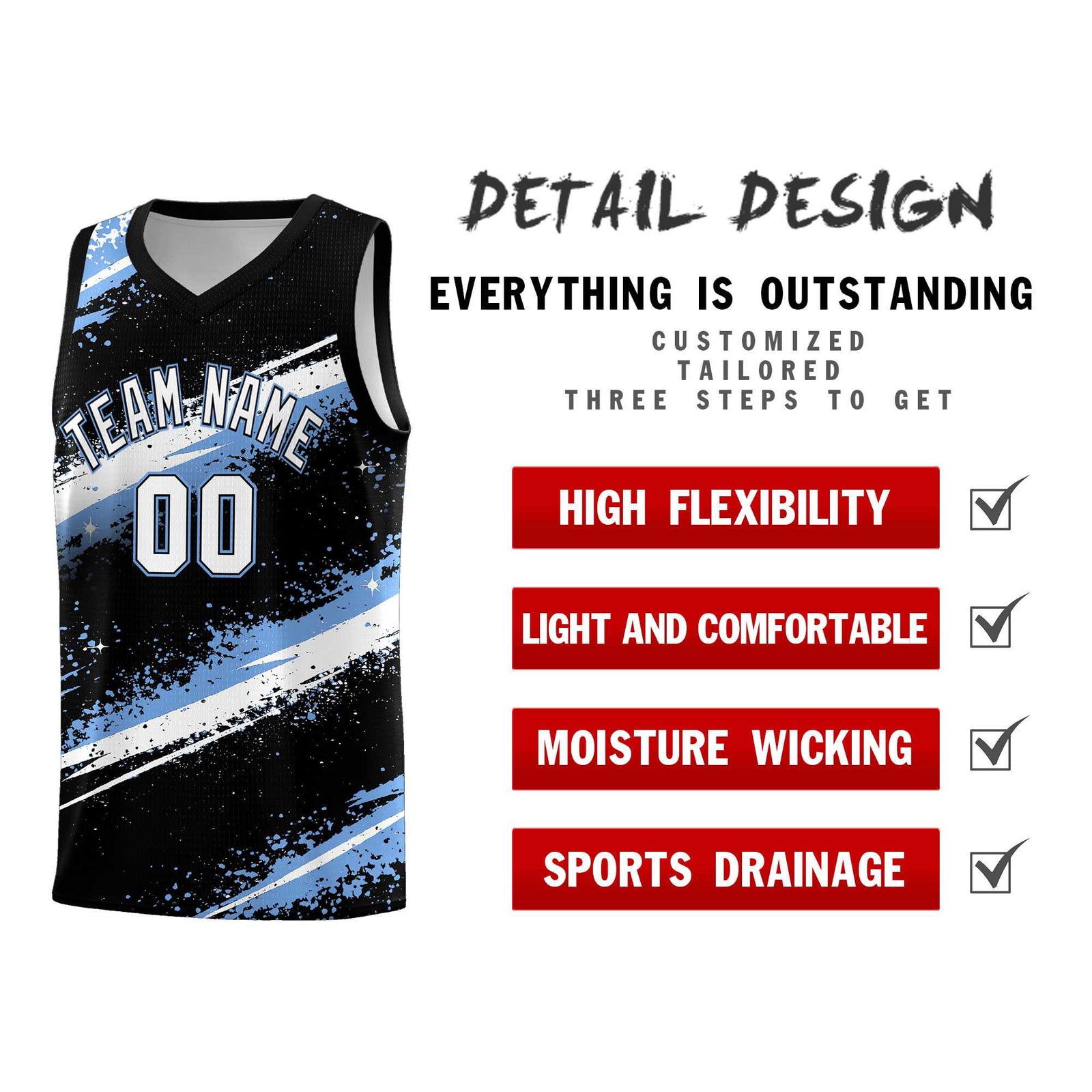 Custom Black Light Blue White Basketball Jersey Stellar Strike Series Splash Quick-Drying
