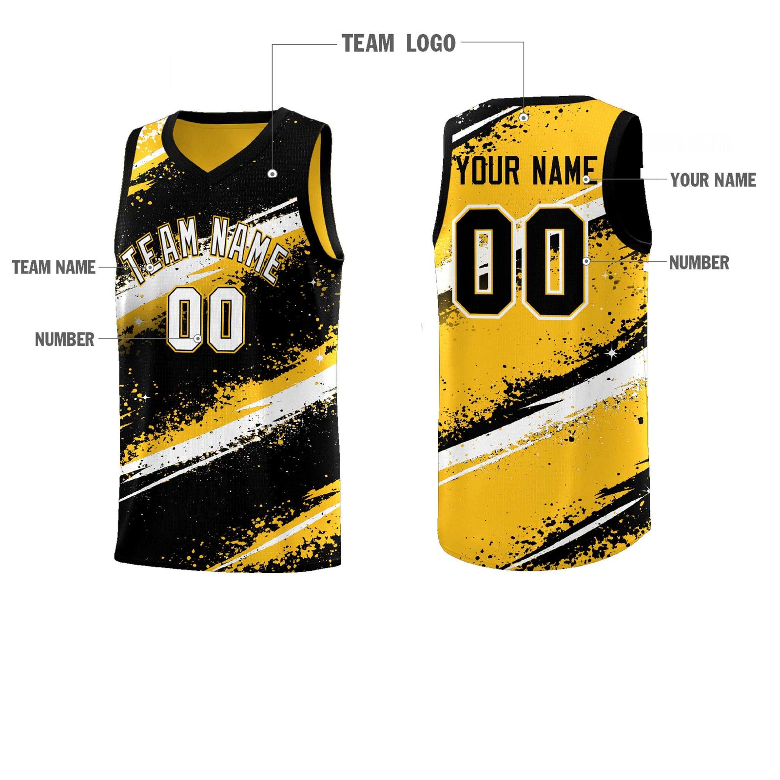 Custom Black Yellow White Basketball Jersey Stellar Strike Series Splash Wrinkle-Resistant