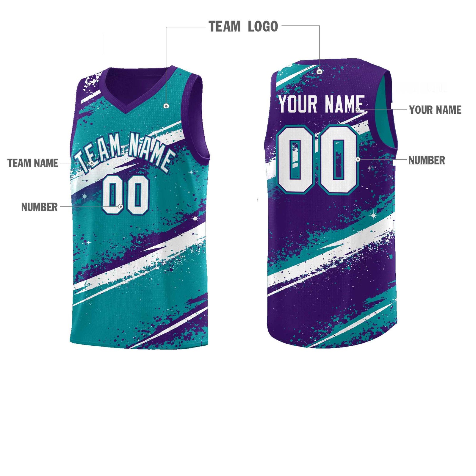 Custom Teal Purple White Basketball Jersey Stellar Strike Series Reversible Drapable