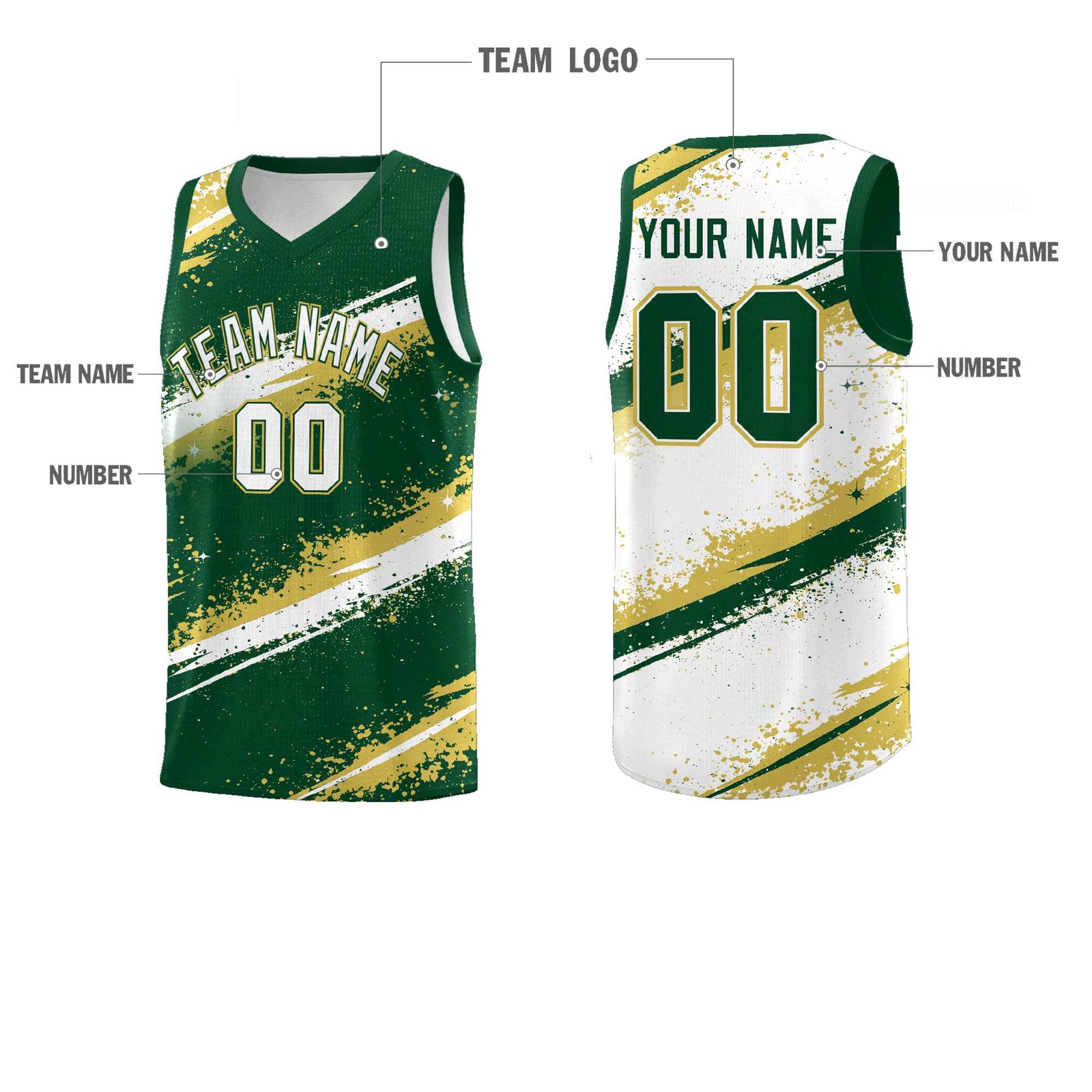 Custom Dark Green Old Gold White Basketball Jersey Stellar Strike Series Splash Drapable