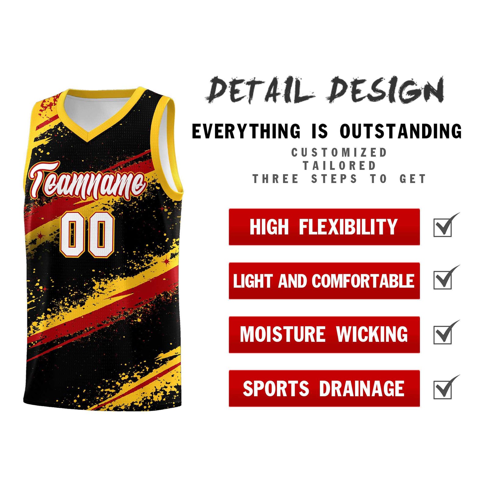 Custom Black Yellow Red Basketball Jersey Stellar Strike Series Dynamic Wrinkle-Resistant