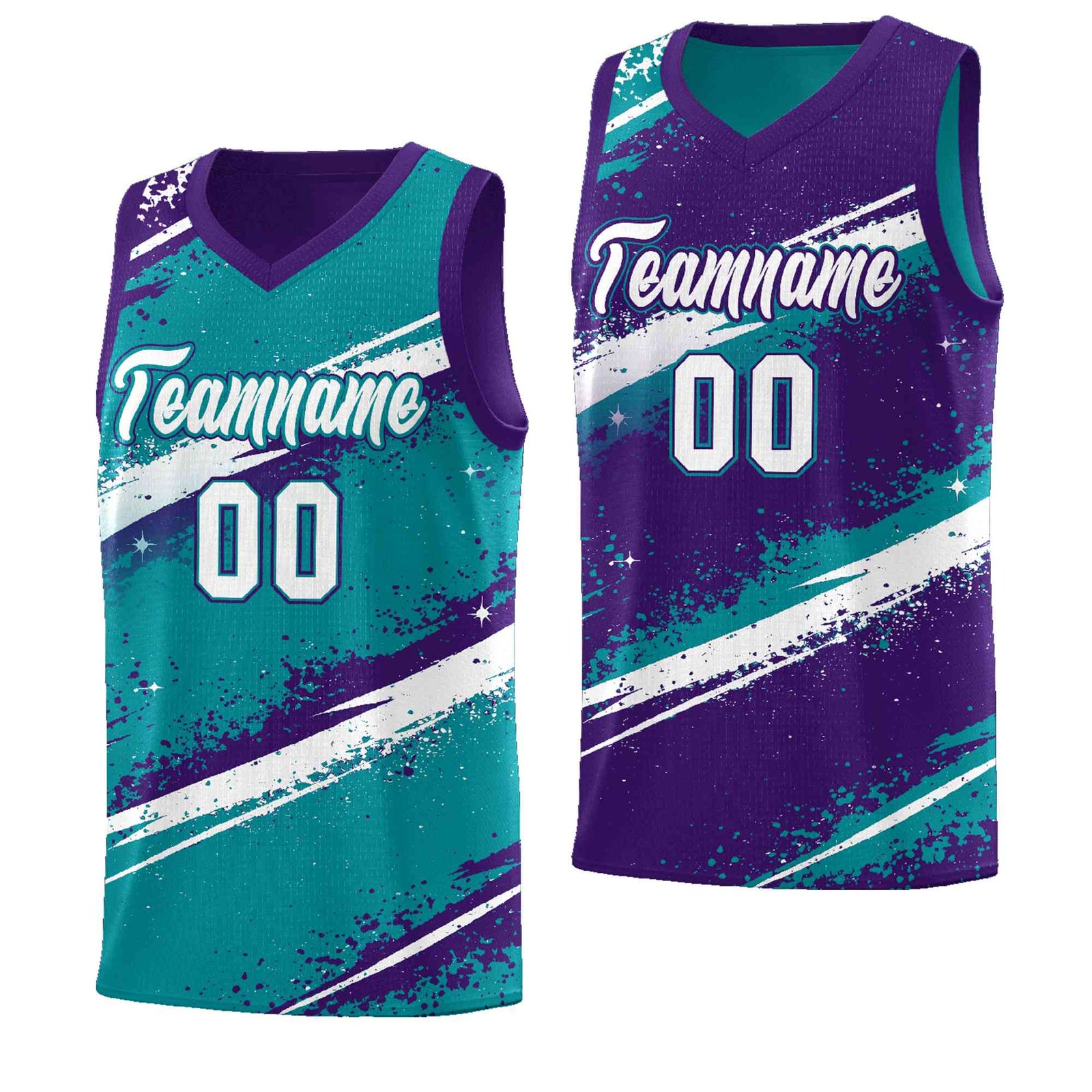Custom Teal Purple White Basketball Jersey Stellar Strike Series Reversible Drapable
