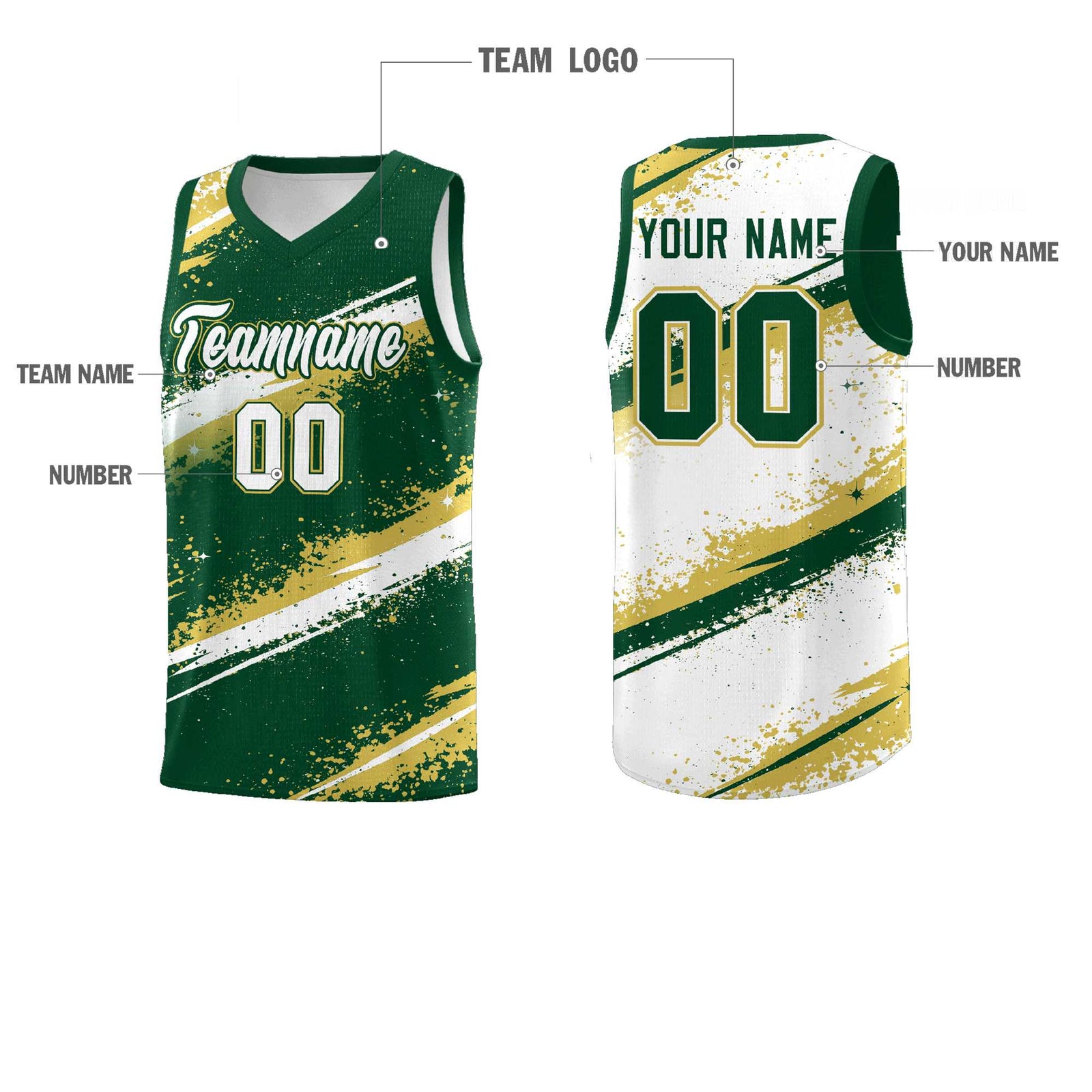 Custom Dark Green Old Gold White Basketball Jersey Stellar Strike Series Splash Drapable