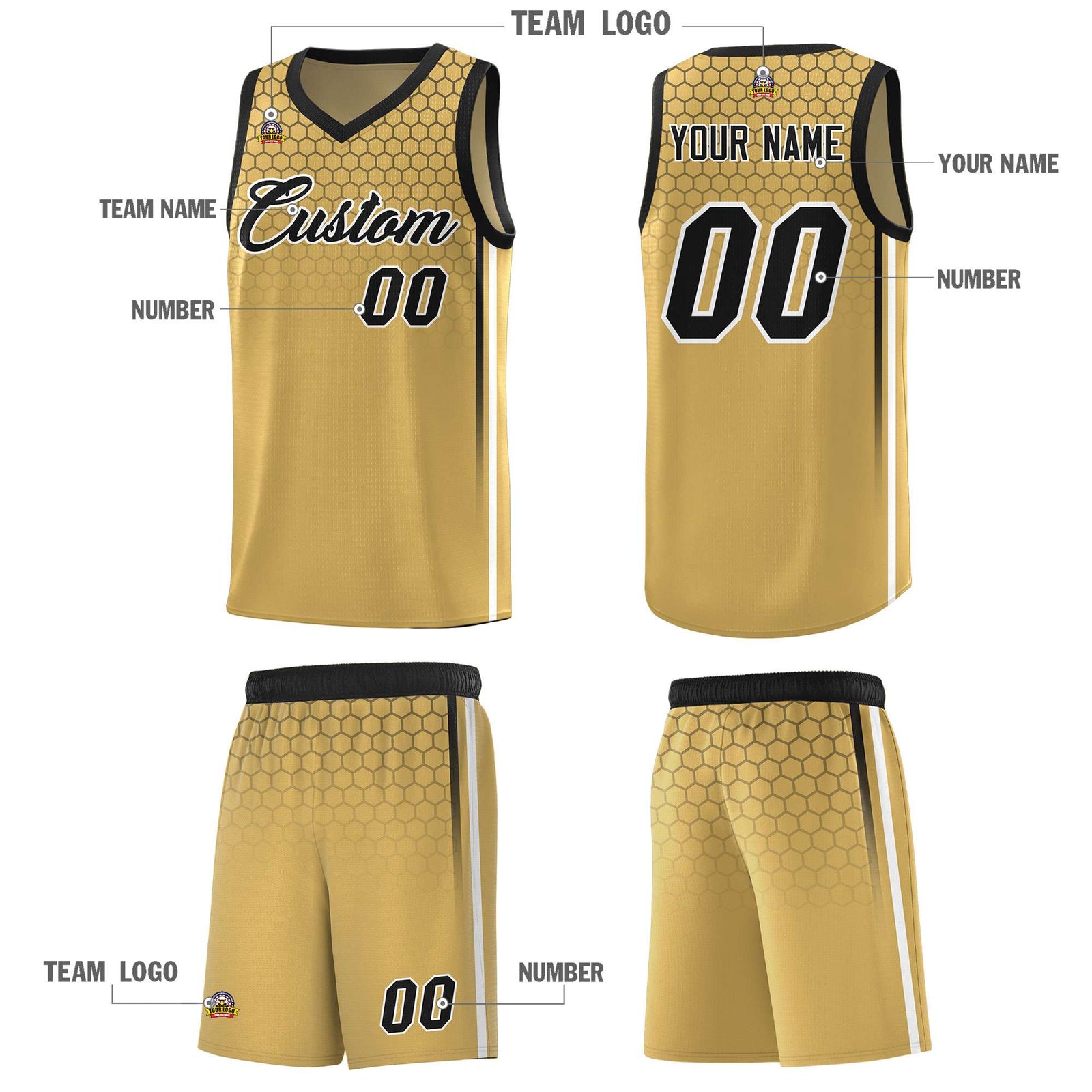Custom Old Gold Personalized Honeycomb Pattern Sports Uniform Basketball Jersey